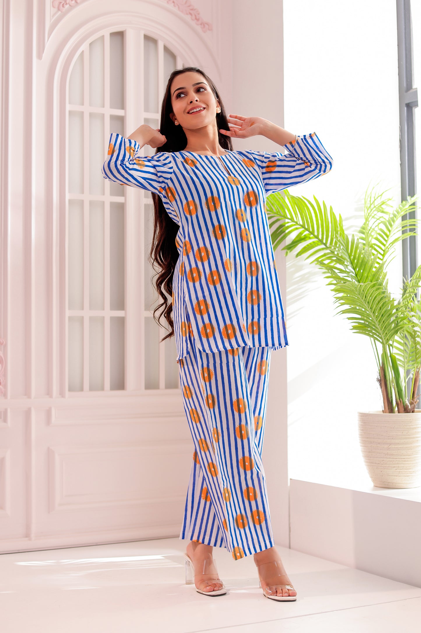 White & Blue Striped Co-ord Set