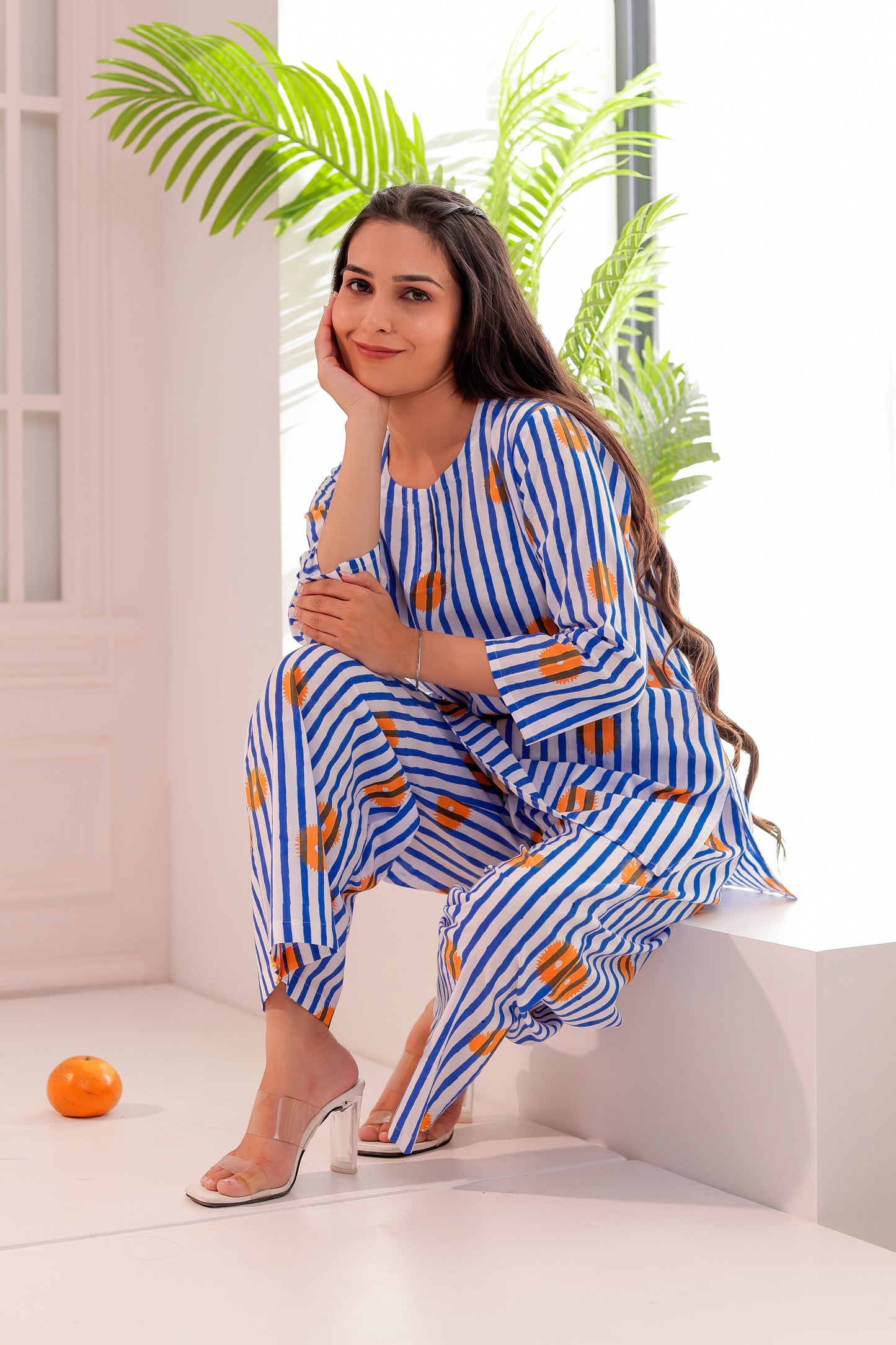 White & Blue Striped Co-ord Set