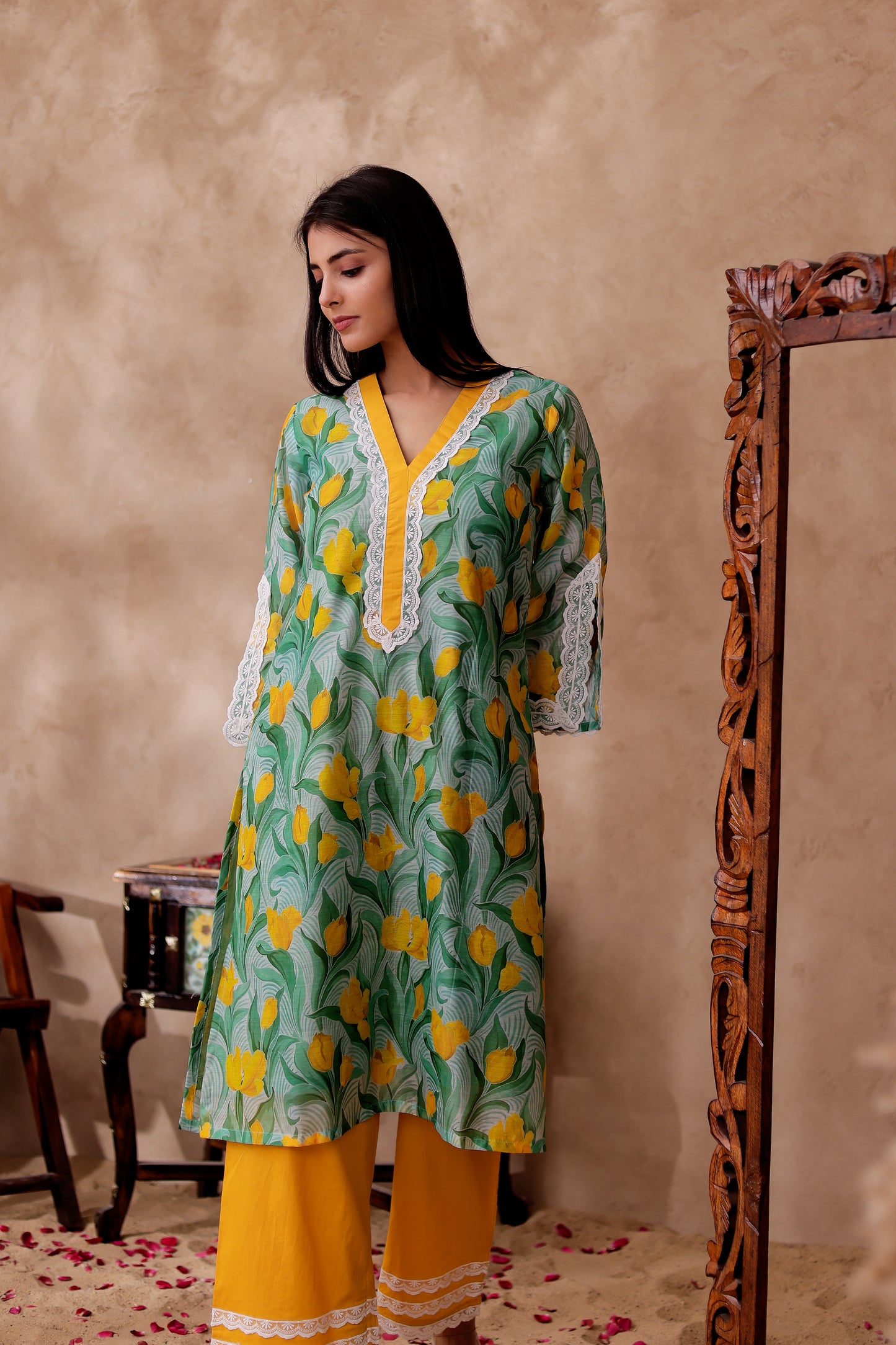 Floral Printed Chanderi Kurta Co-ord Set