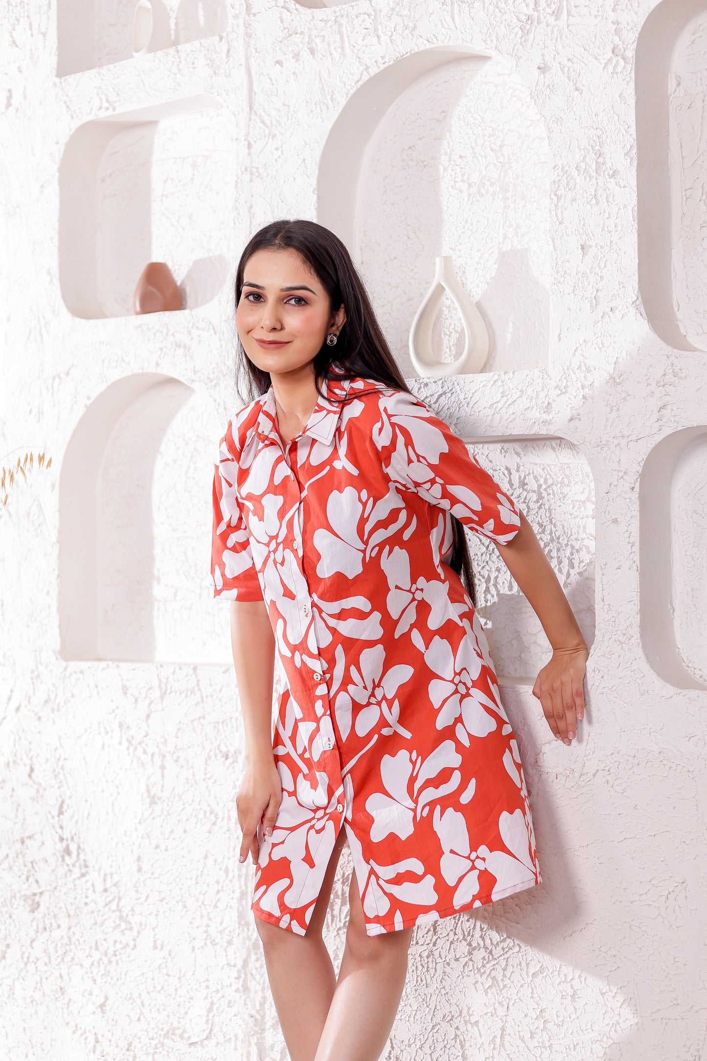Red and White Printed Shirt Dress