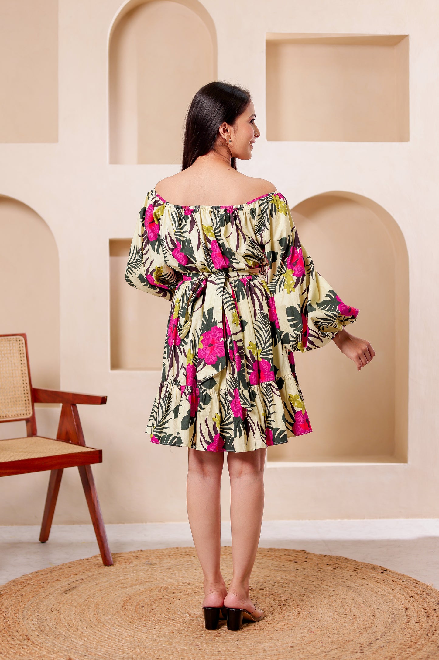 Beige Tropical Off Shoulder Midi Dress
