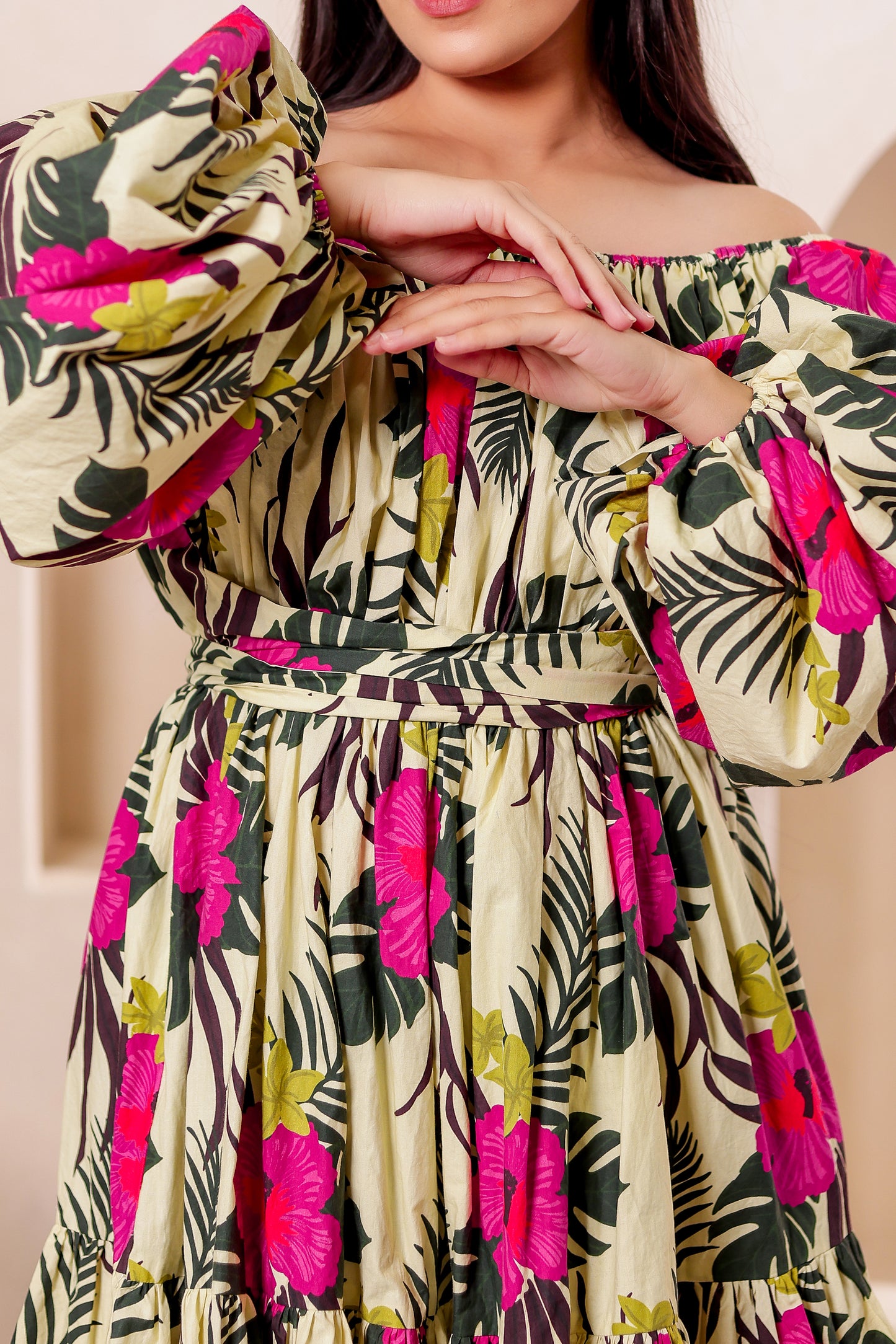 Beige Tropical Off Shoulder Midi Dress