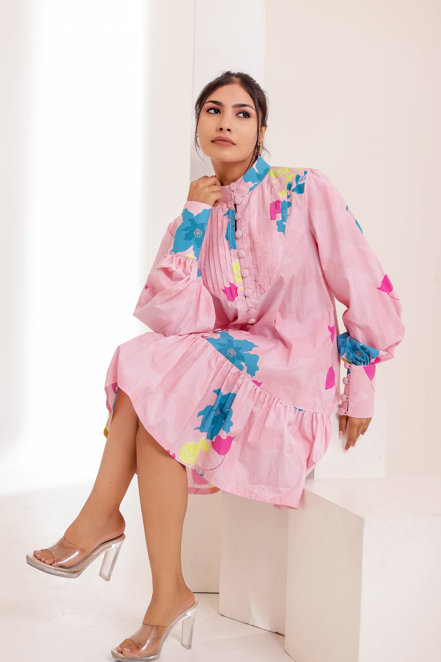 Pastel Pink Buttoned Loose Fit Floral Dress