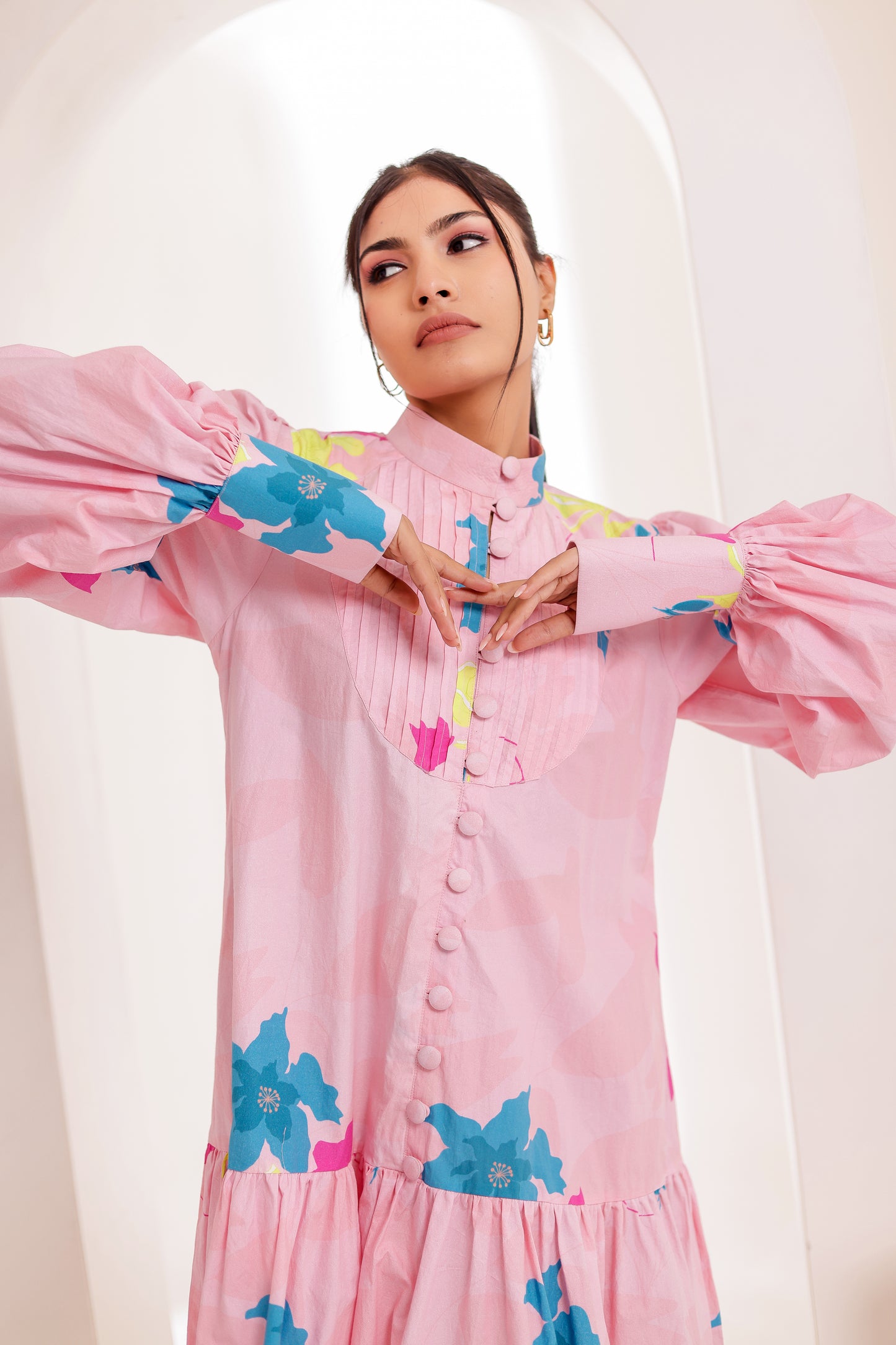 Pastel Pink Buttoned Loose Fit Floral Dress
