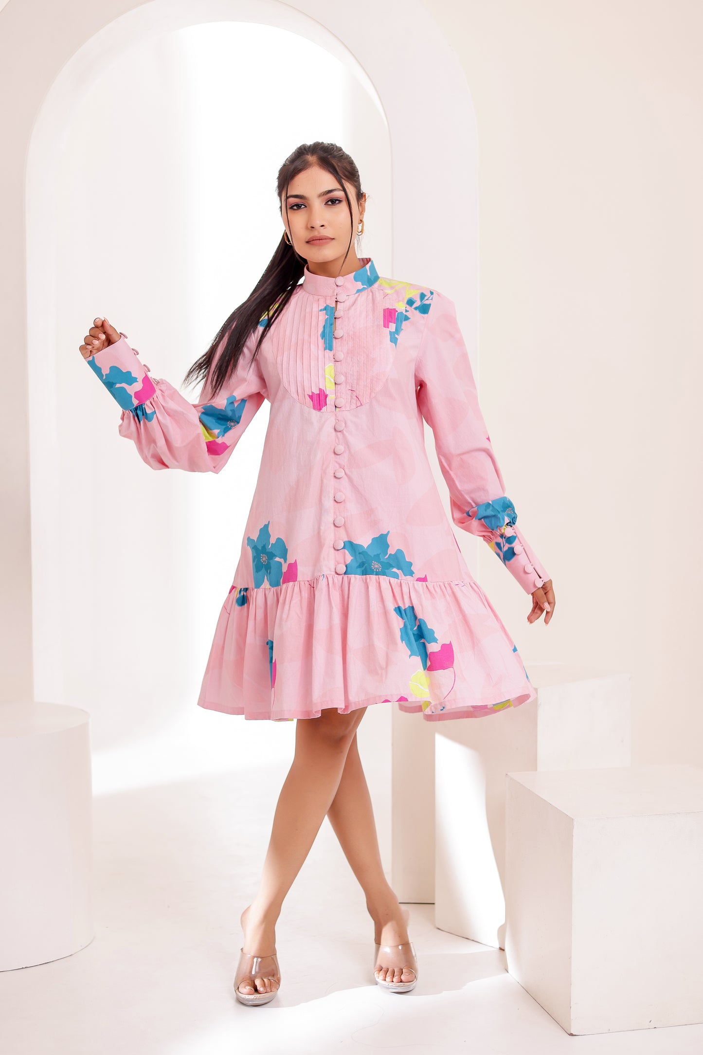 Pastel Pink Buttoned Loose Fit Floral Dress