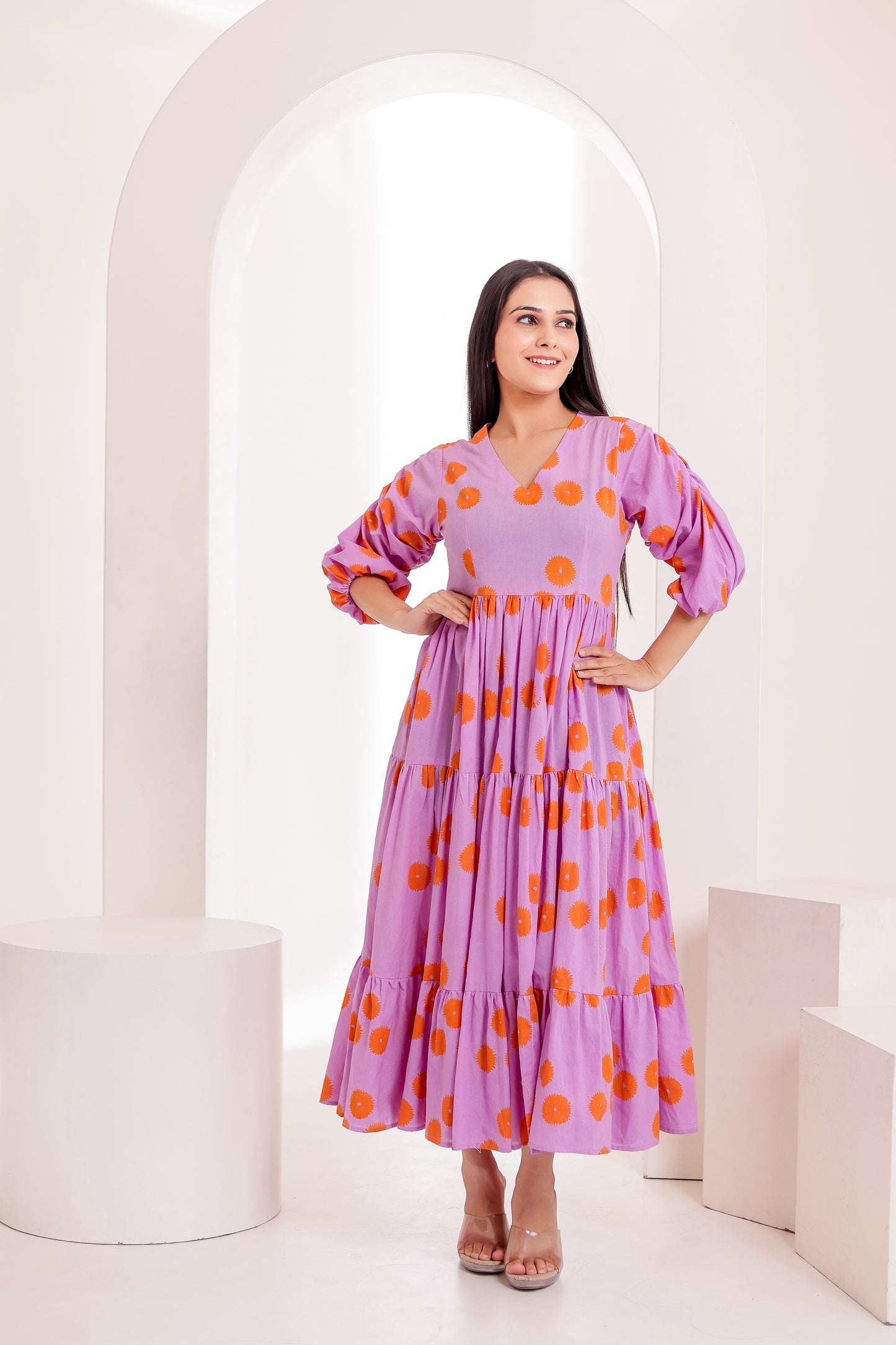 Lavinia Handblock Printed Flared Midi Dress