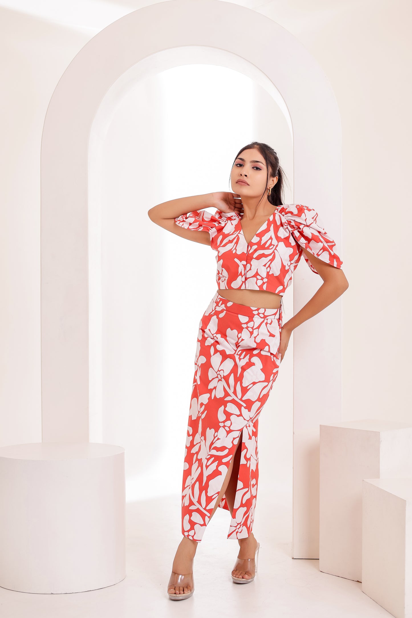 Red and White Printed Skirt Co-ord Set