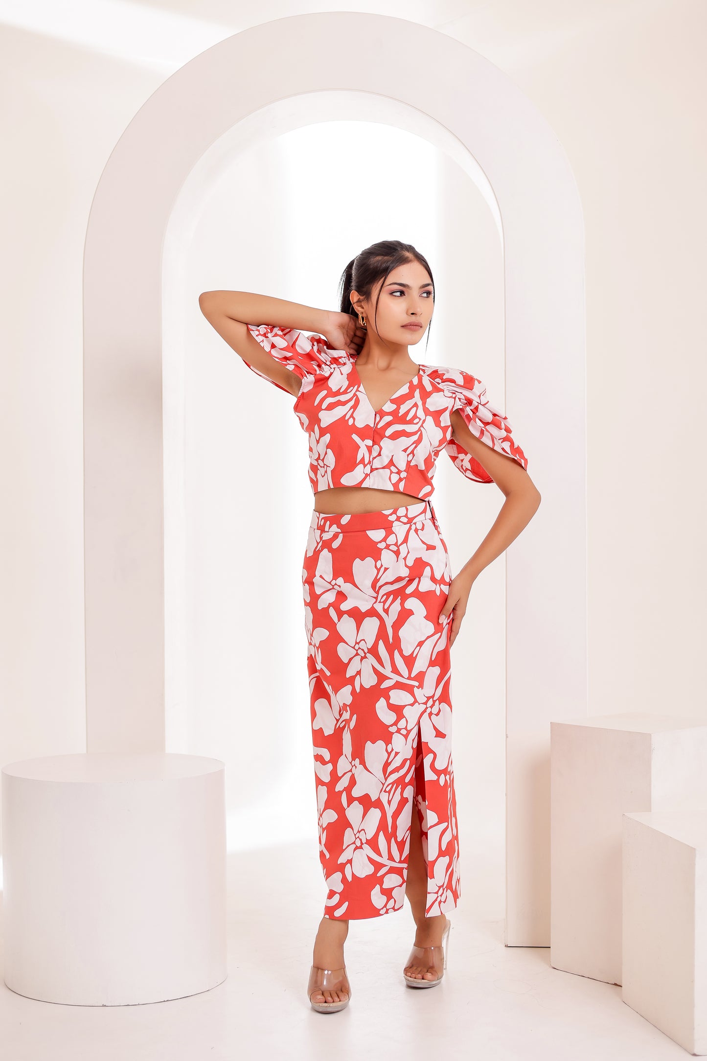 Red and White Printed Skirt Co-ord Set