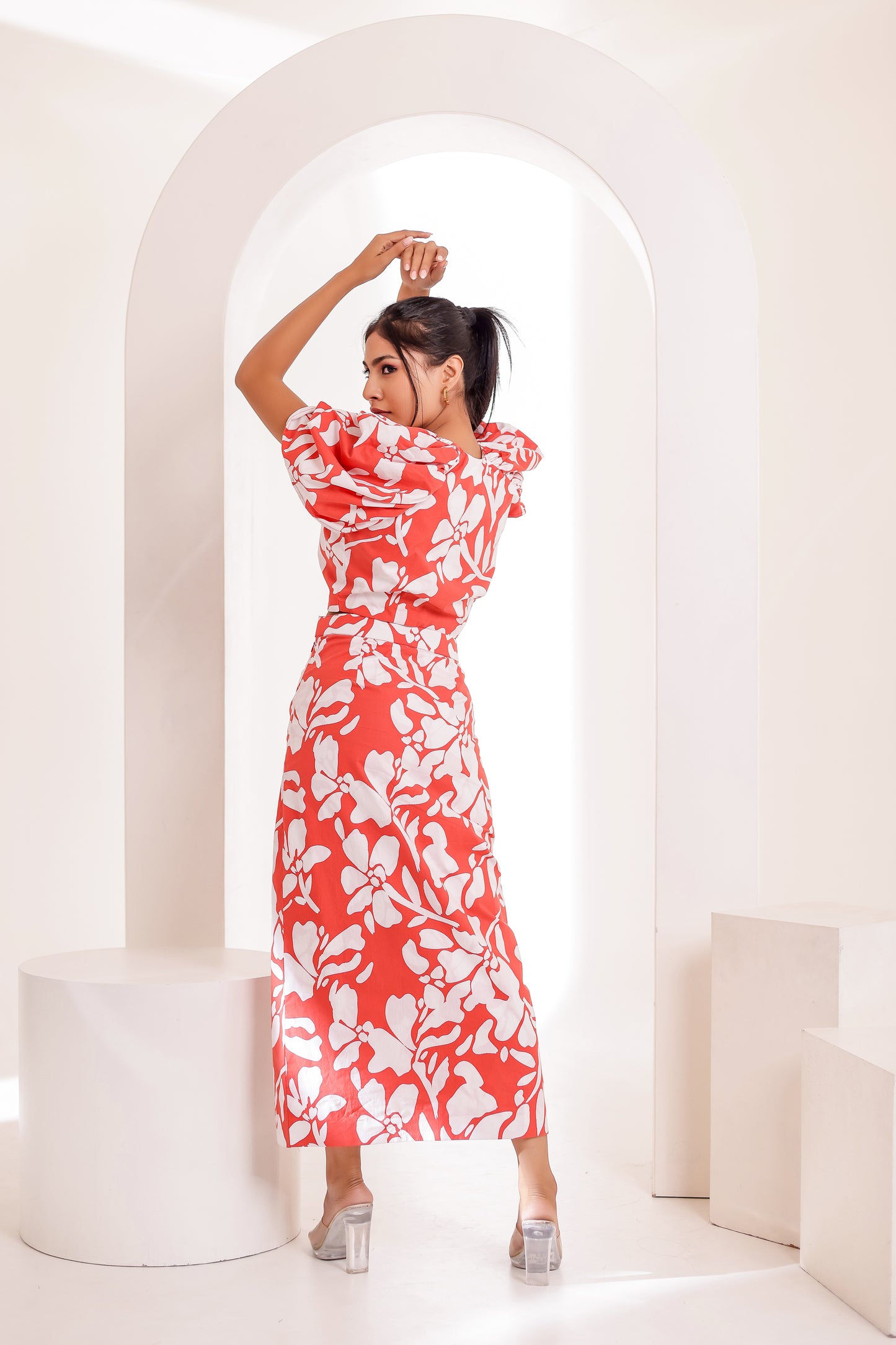 Red and White Printed Skirt Co-ord Set