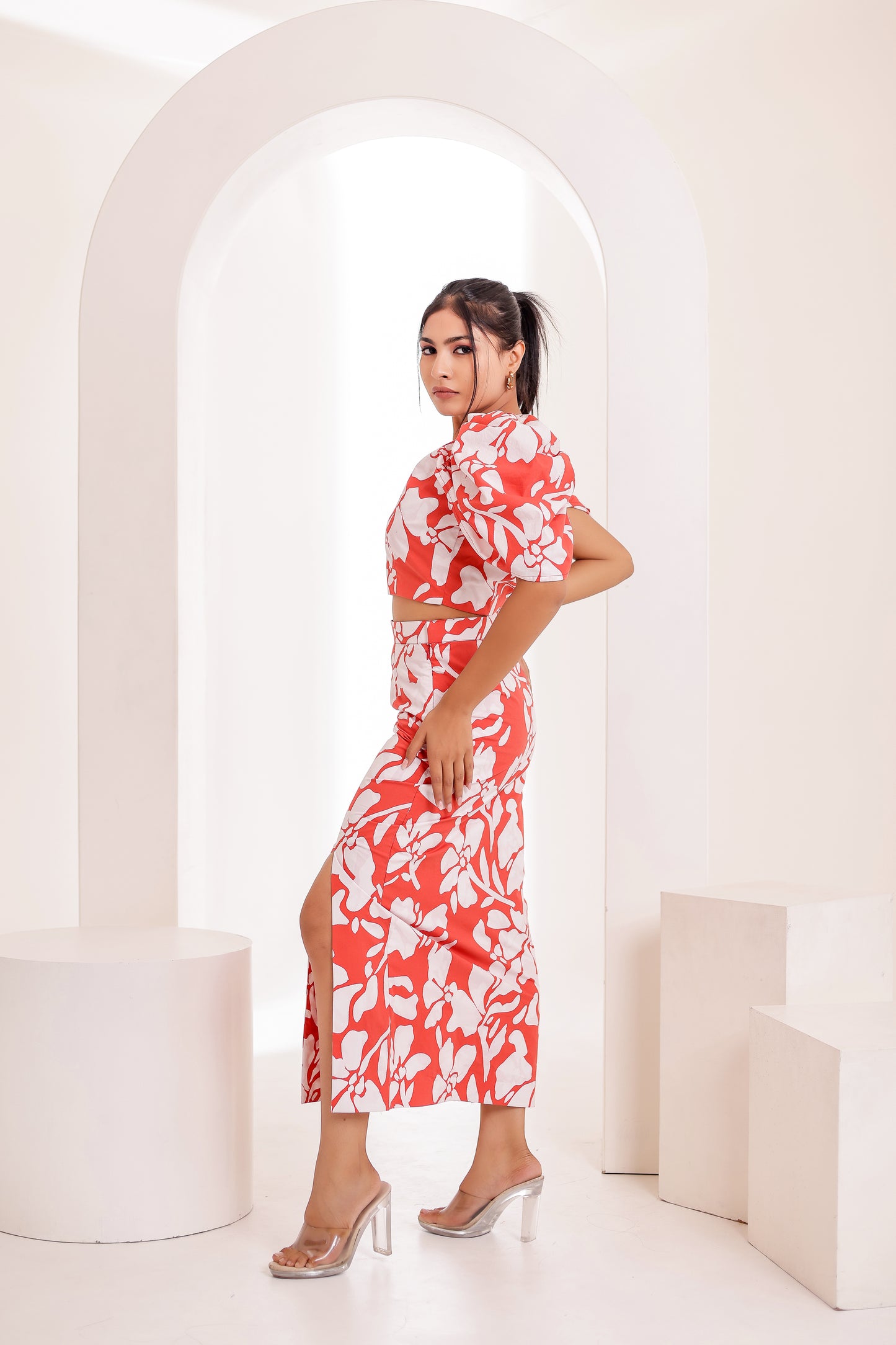 Red and White Printed Skirt Co-ord Set