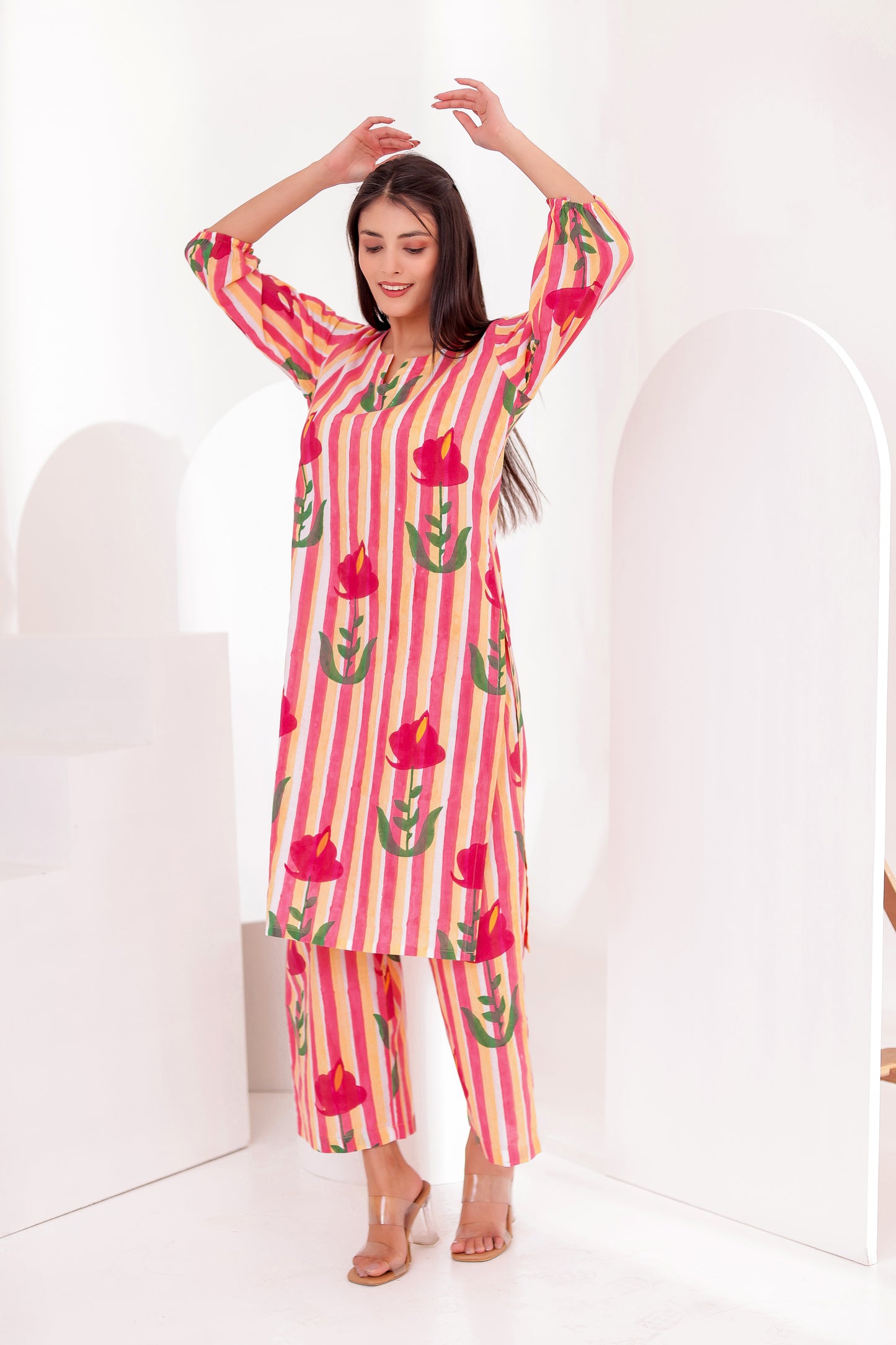 Pink Flora Kurta Co-ord Set