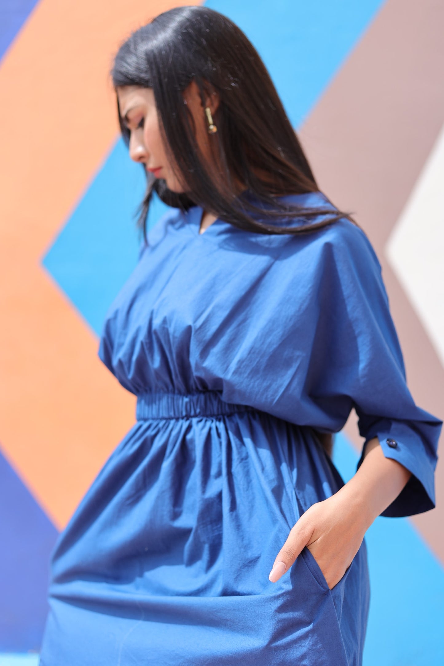 Blue Poplin Midi Dress