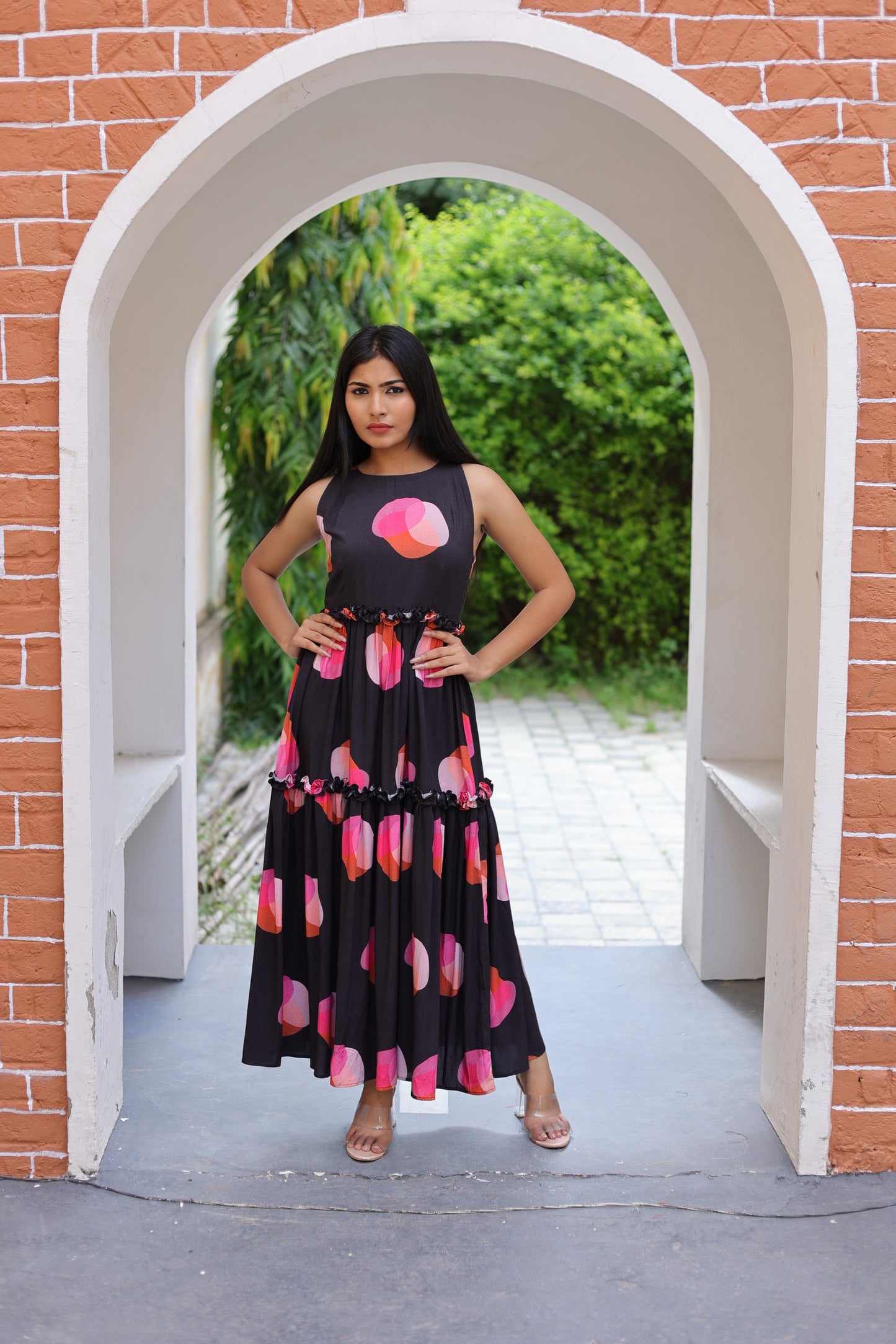 Black Polka Dot Ruffled Maxi Dress