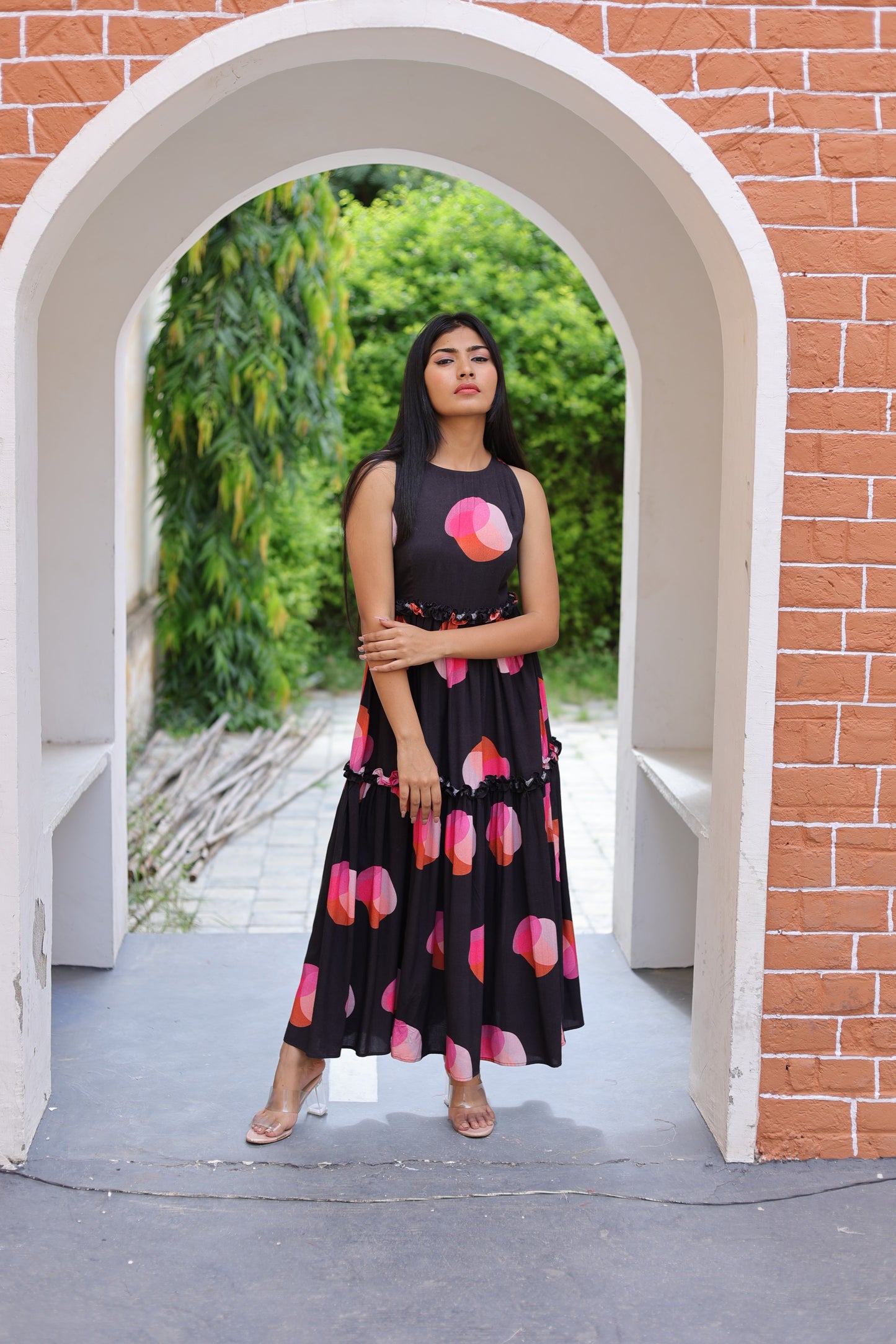 Black Polka Dot Ruffled Maxi Dress