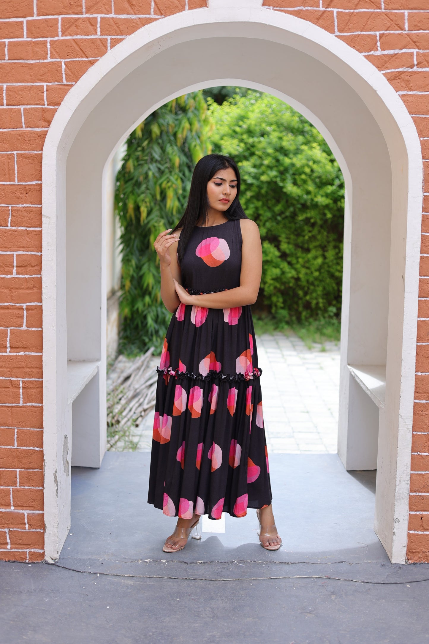 Black Polka Dot Ruffled Maxi Dress