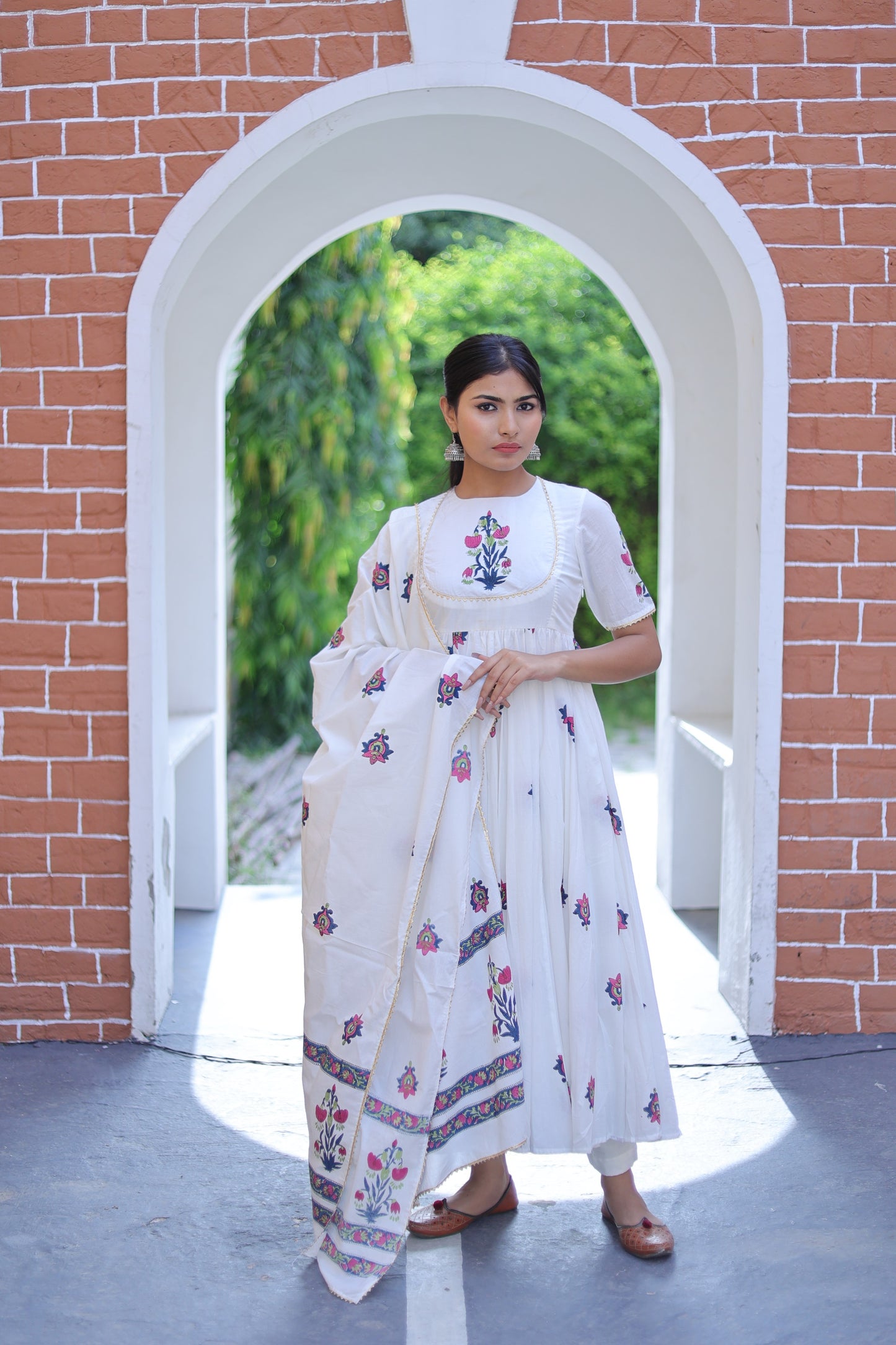 White Handblock Printed Cotton Suit Set