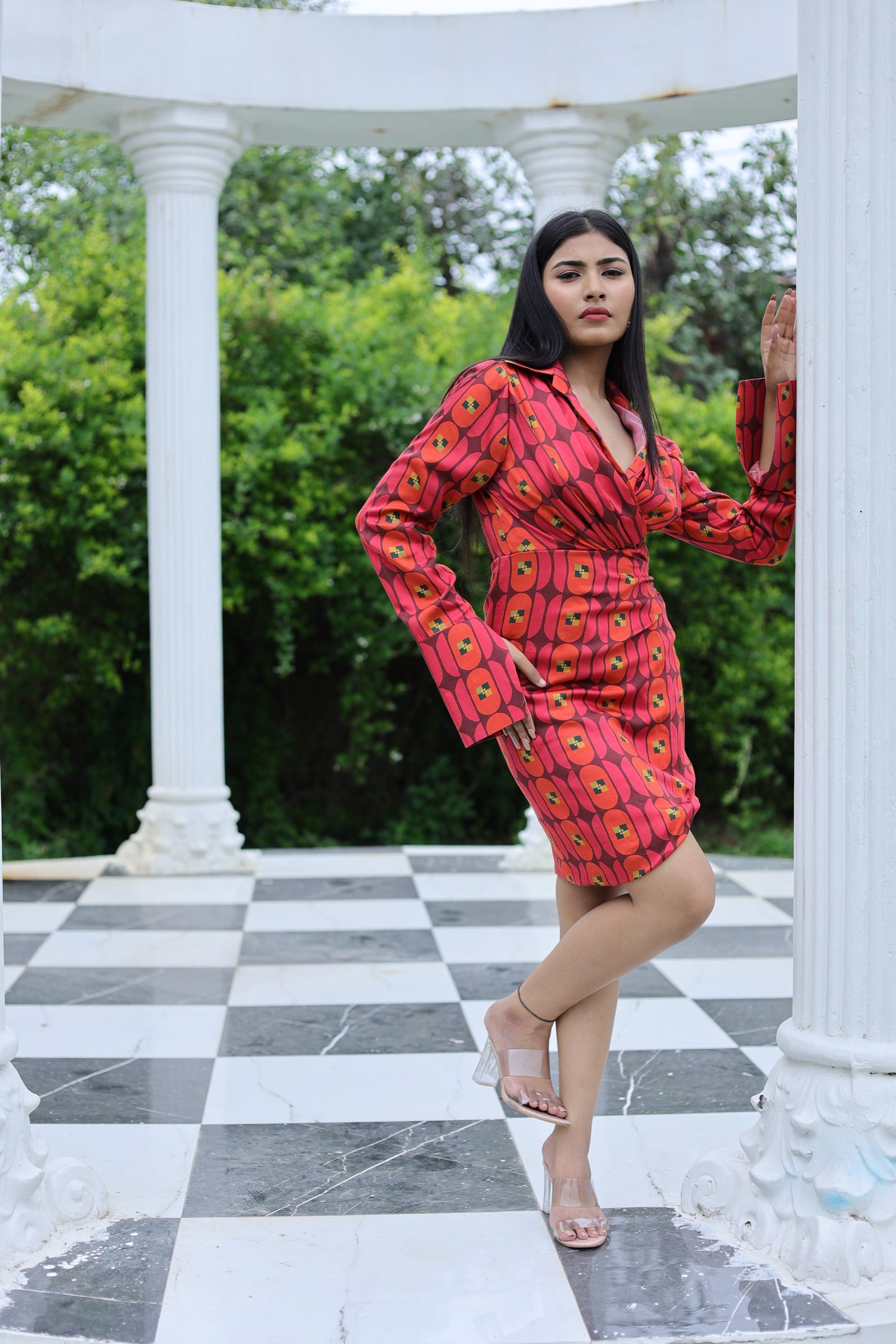 Retro Print Mini Dress with Long Cut Sleeves and Collar Neck