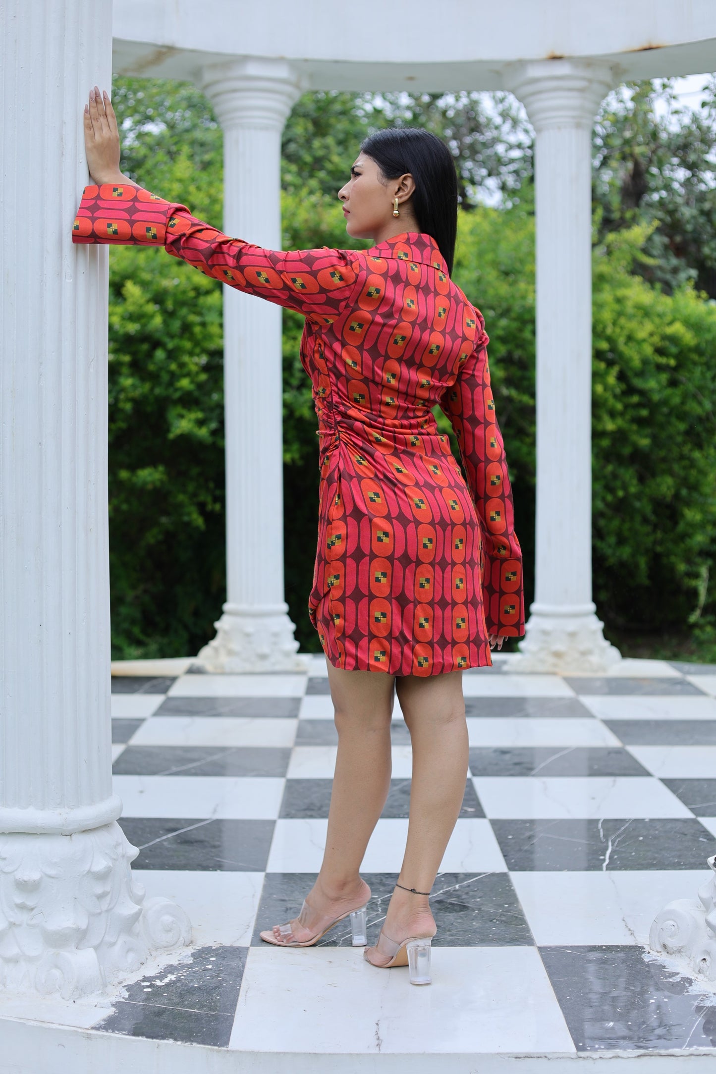 Retro Print Mini Dress with Long Cut Sleeves and Collar Neck