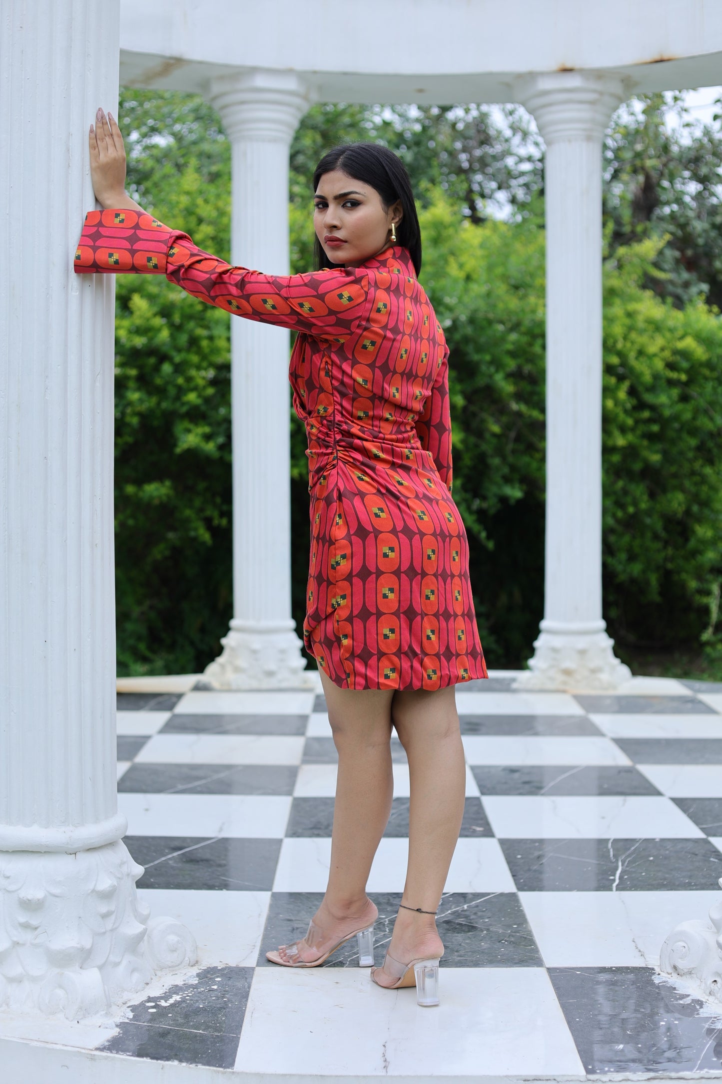 Retro Print Mini Dress with Long Cut Sleeves and Collar Neck