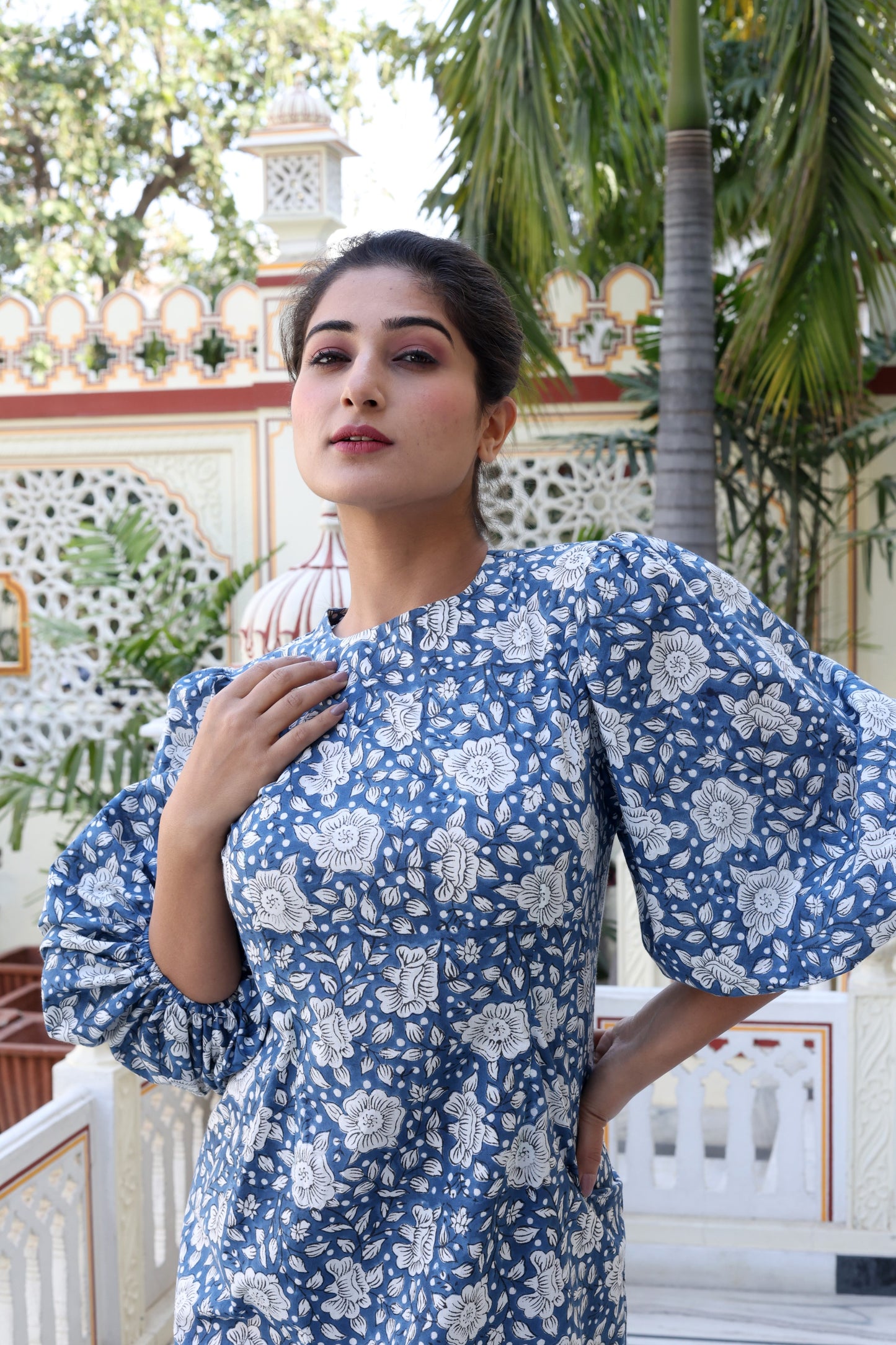 Indigo Handblock Printed Midi Dress