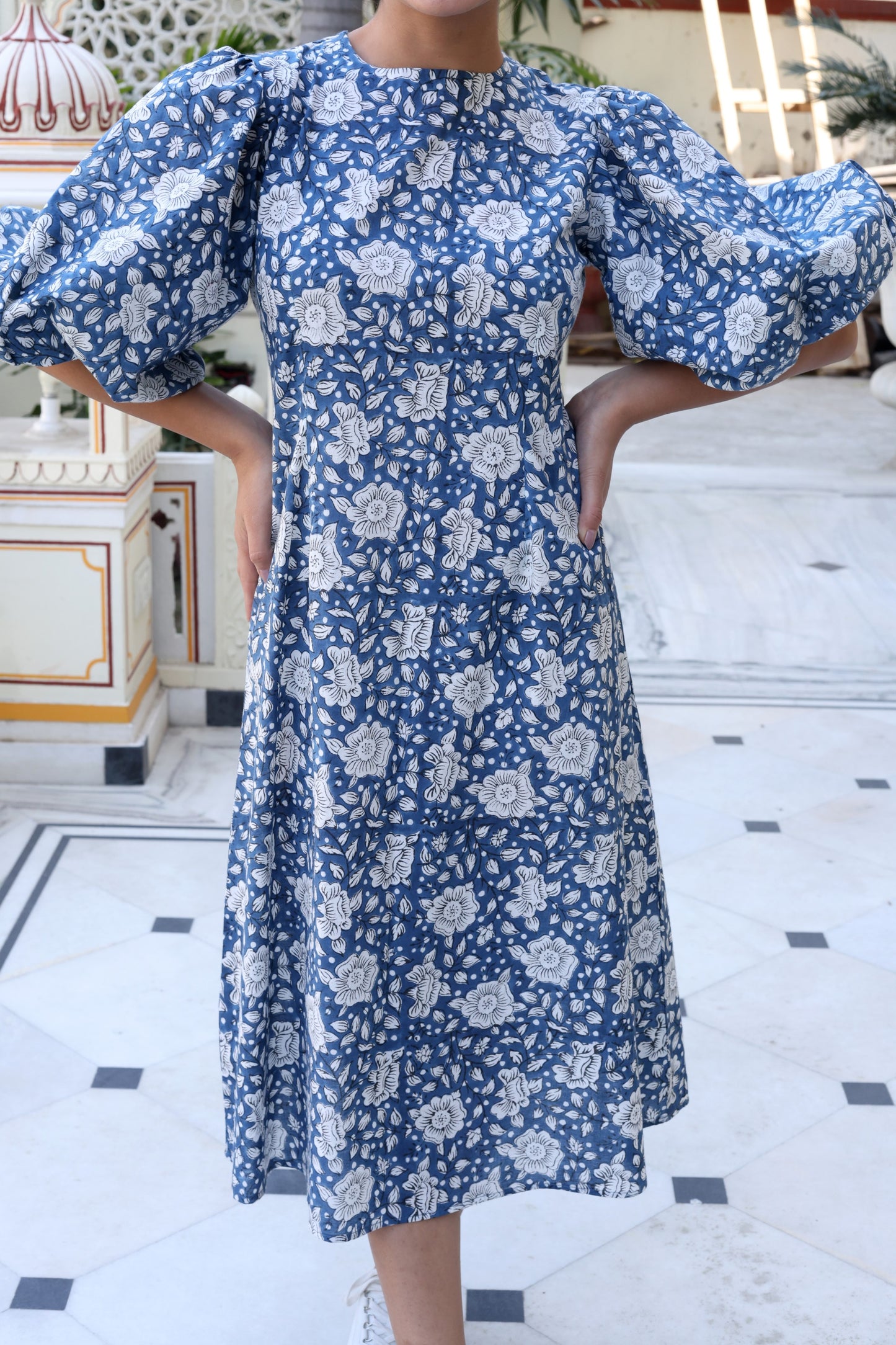 Indigo Handblock Printed Midi Dress