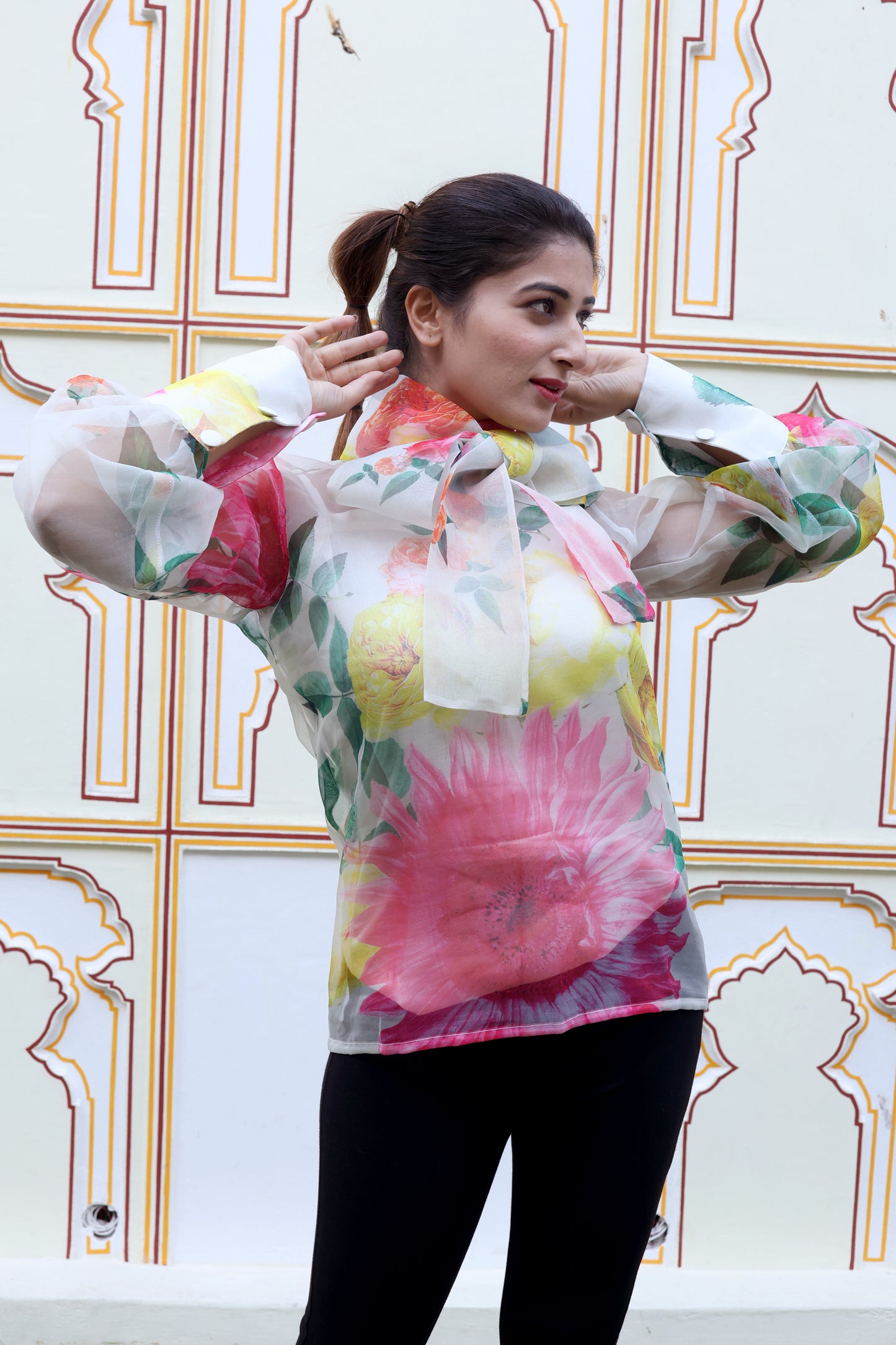 Portia Floral Organza High Neck Top