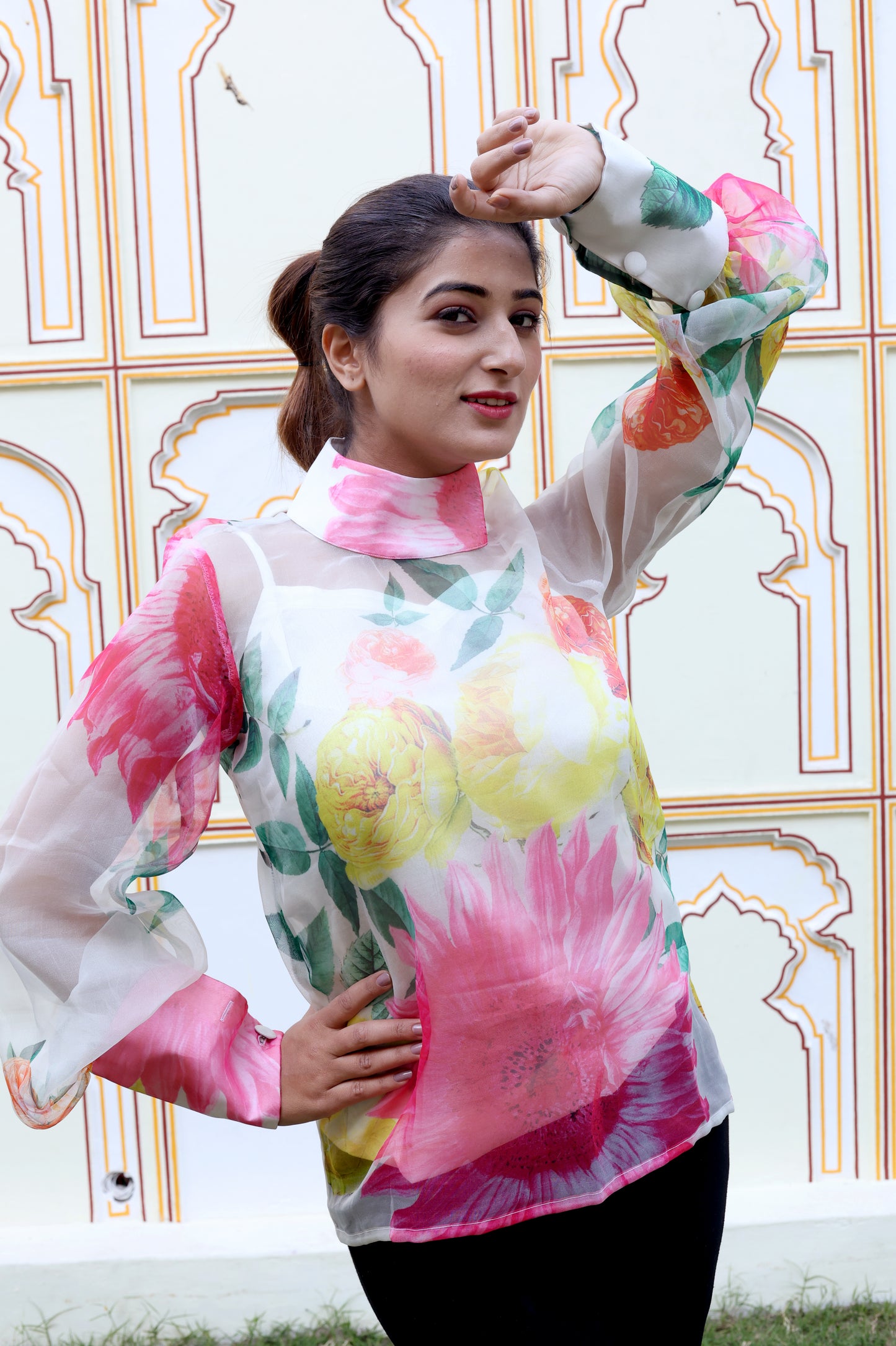 Portia Floral Organza High Neck Top