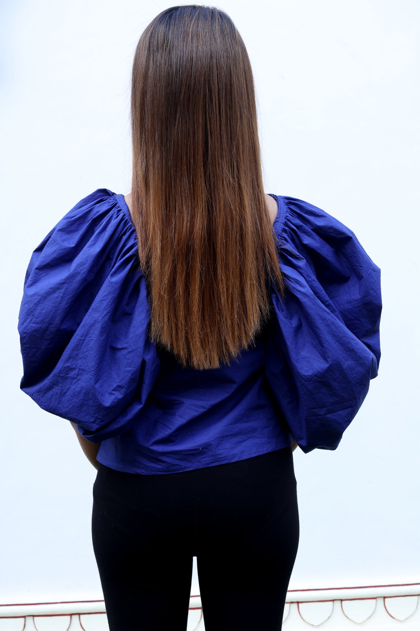 Blue Balloon Sleeves Cotton Poplin Top