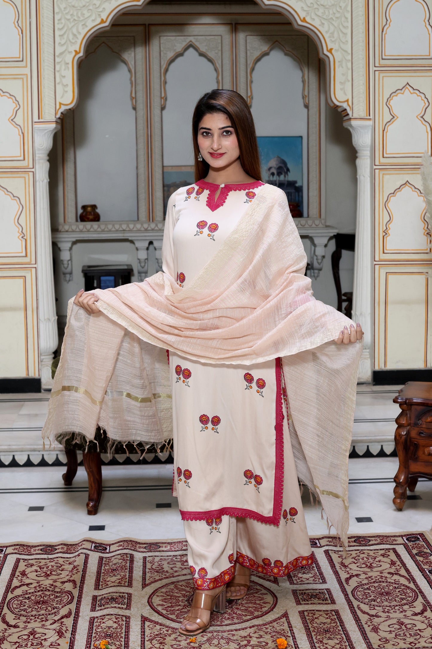 Beige Handblock Suit Set