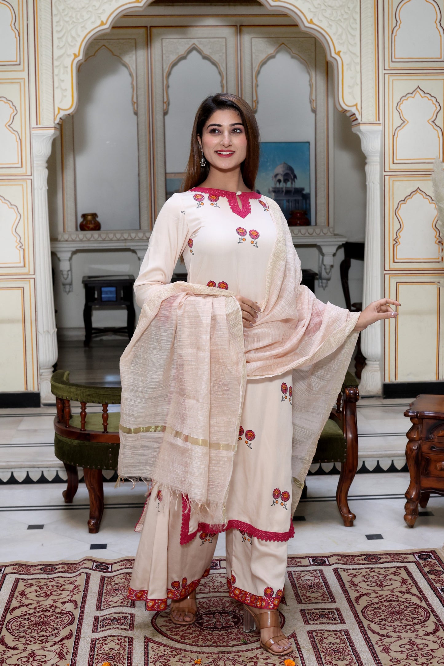 Beige Handblock Suit Set