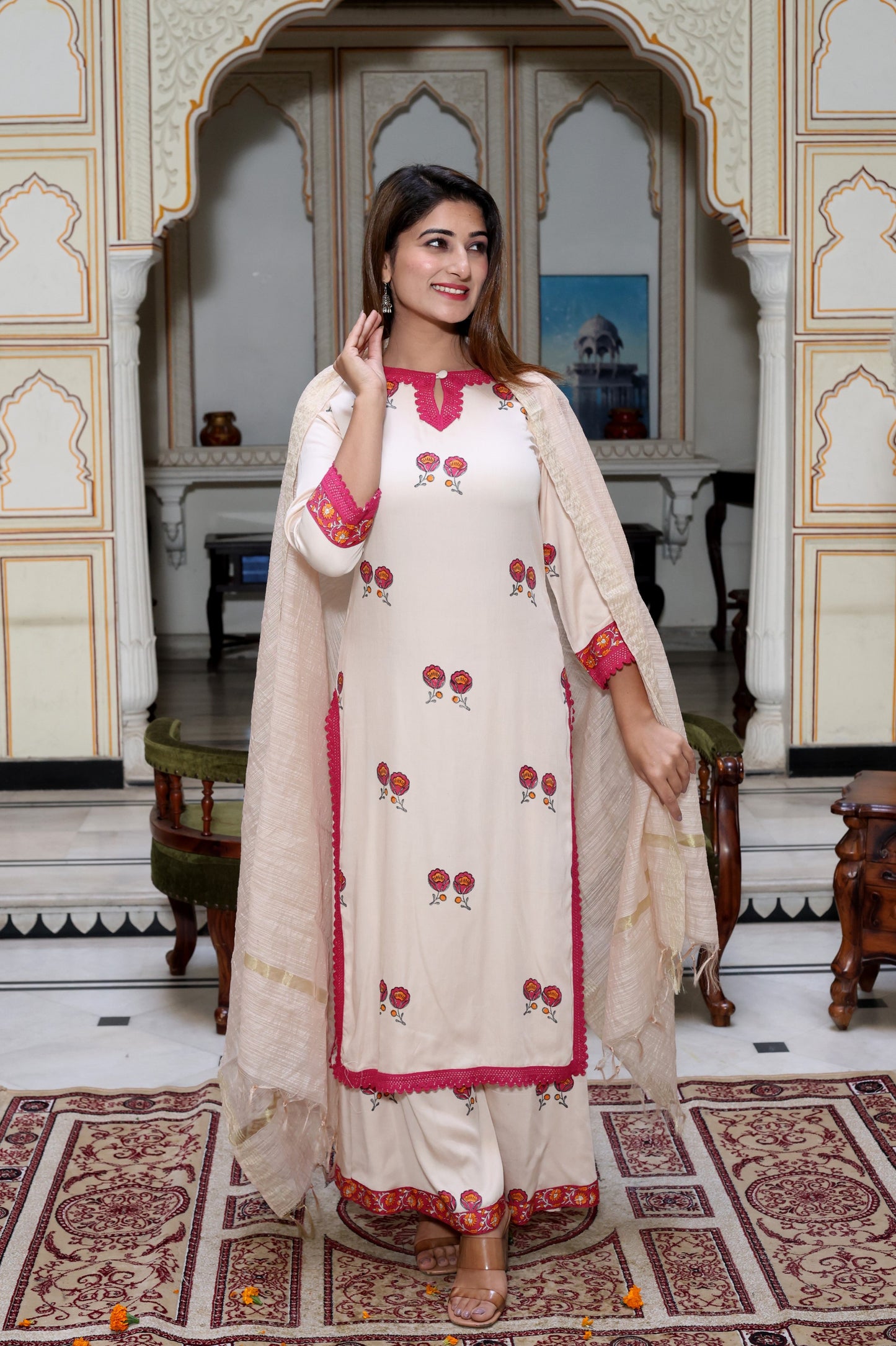 Beige Handblock Suit Set