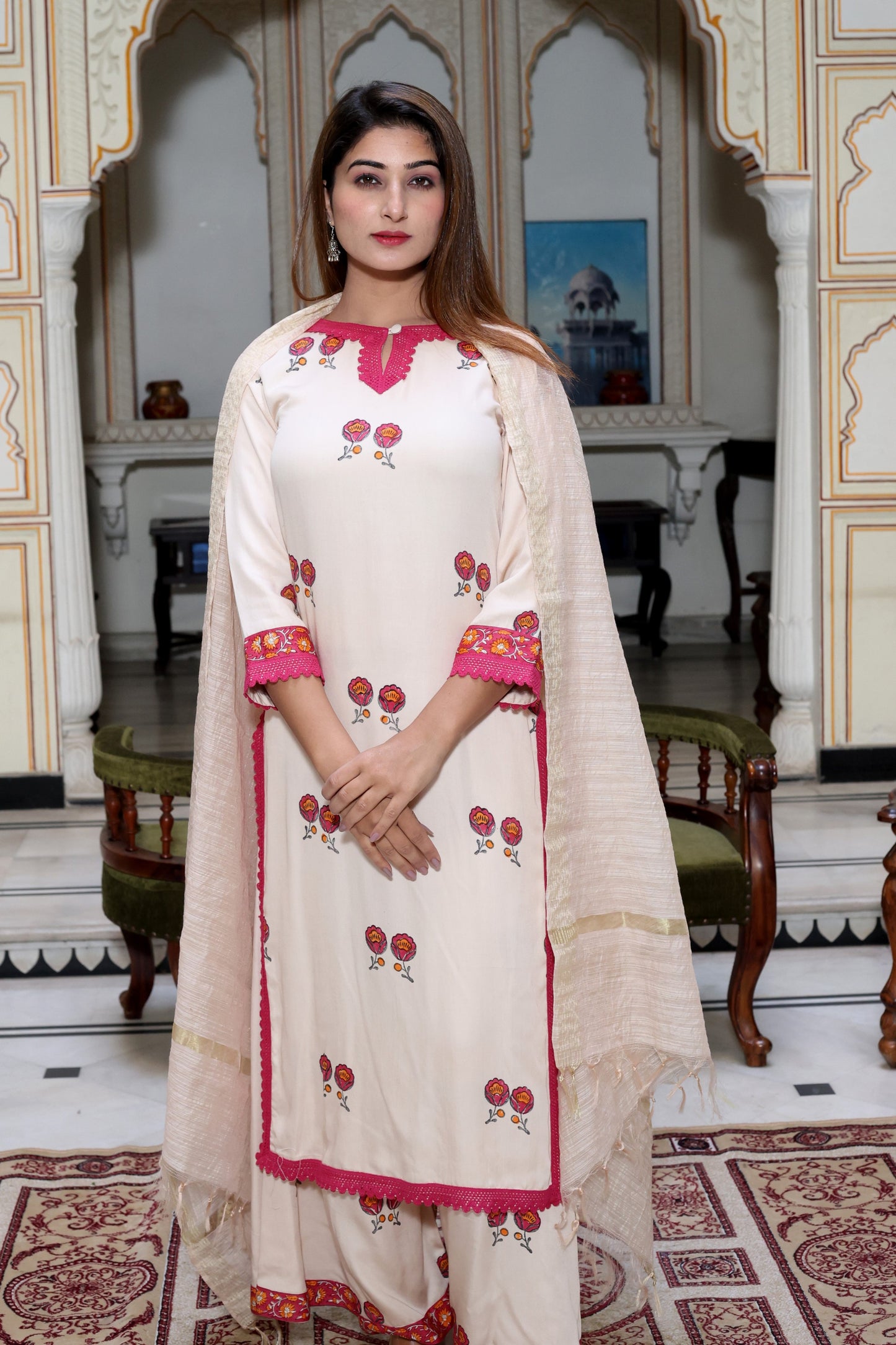 Beige Handblock Suit Set