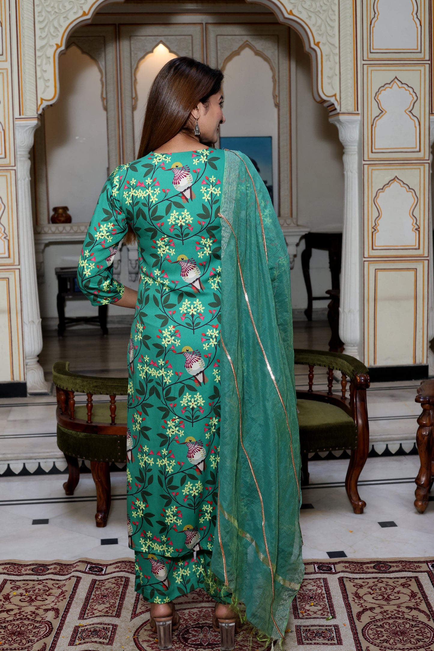 Green Satin Printed Suit Set
