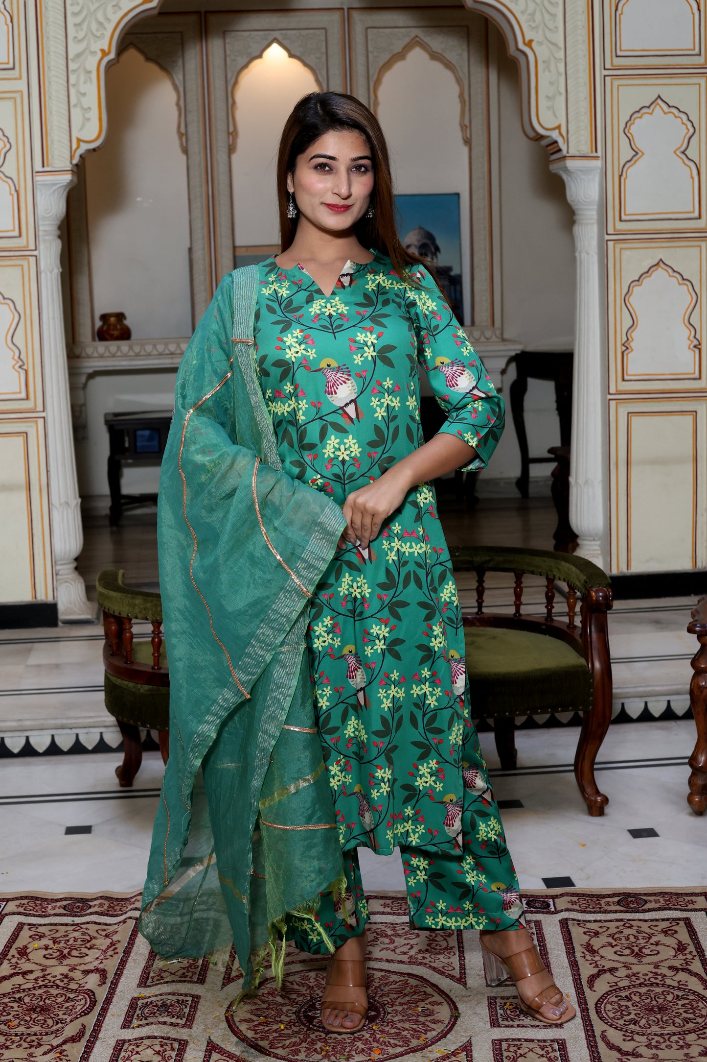 Green Satin Printed Suit Set
