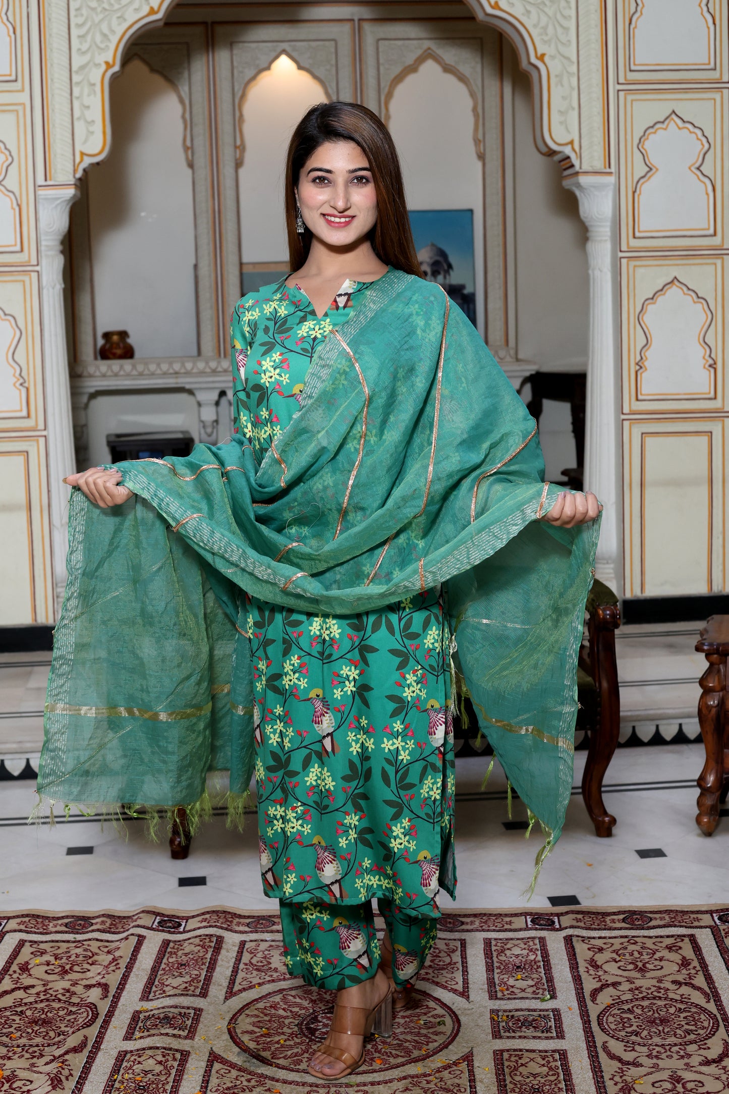 Green Satin Printed Suit Set