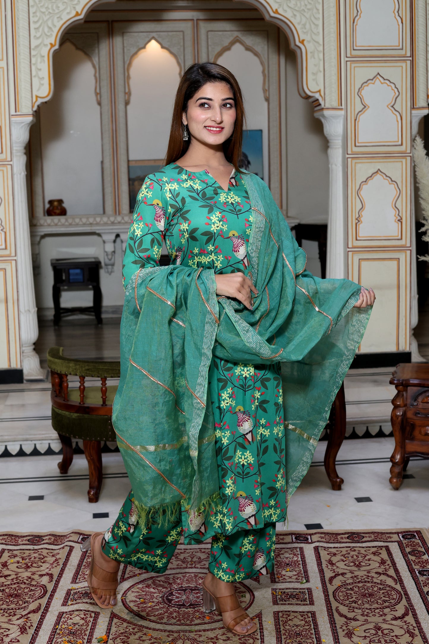 Green Satin Printed Suit Set