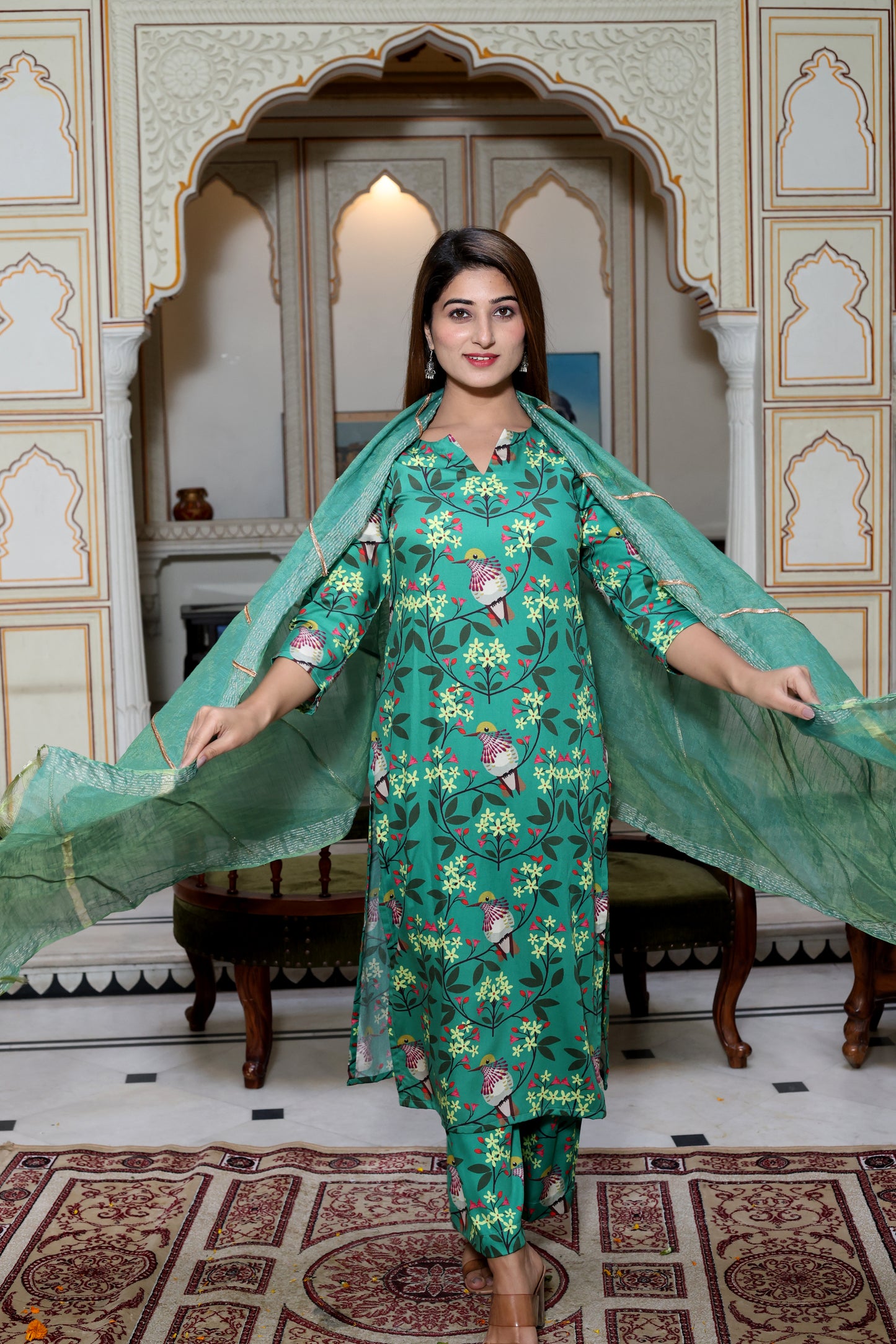 Green Satin Printed Suit Set