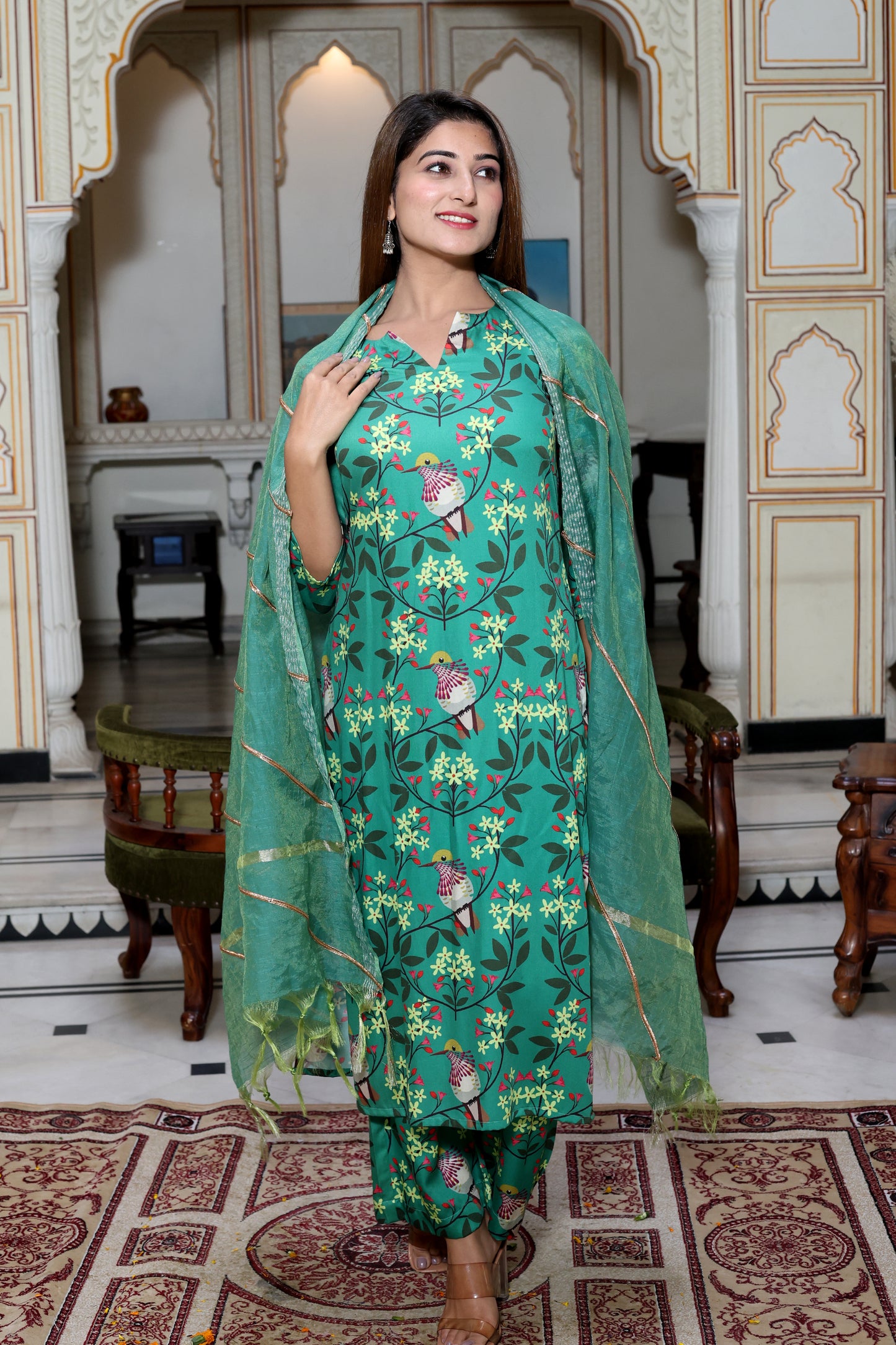 Green Satin Printed Suit Set