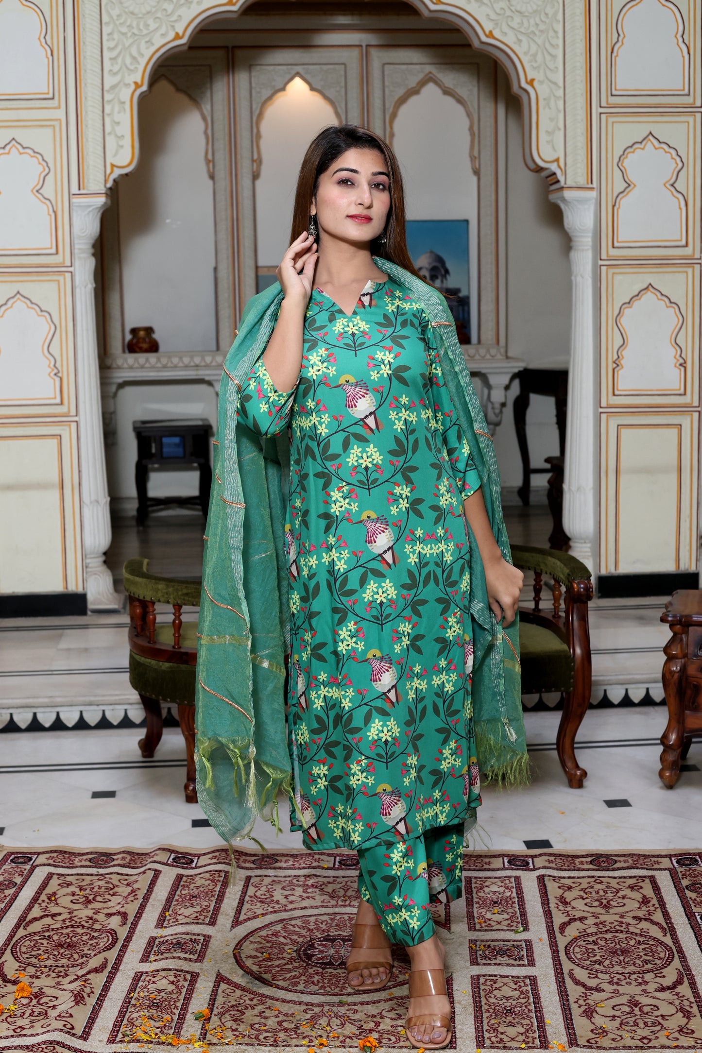 Green Satin Printed Suit Set