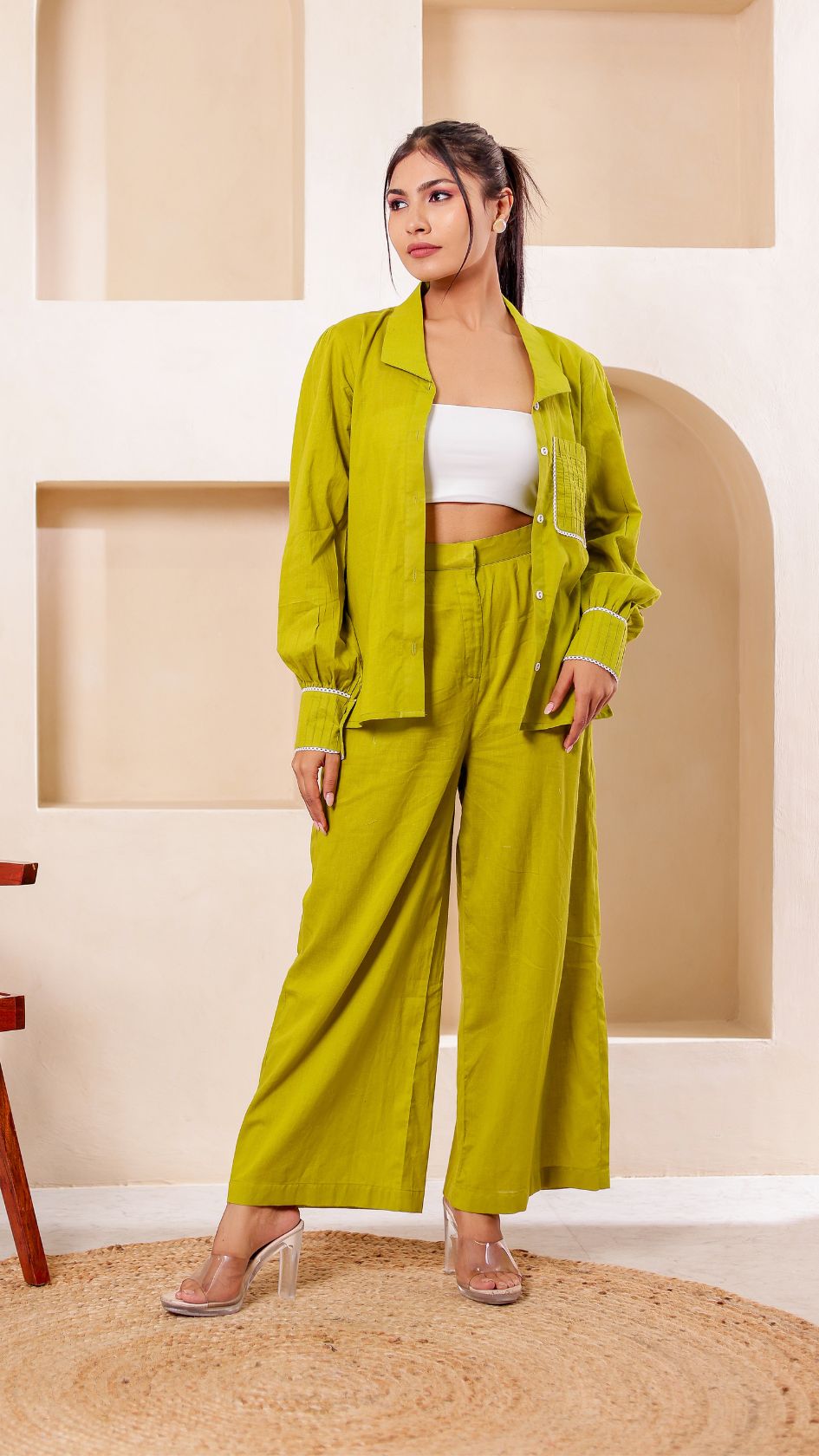 Green and White Detailed Co-ord Set