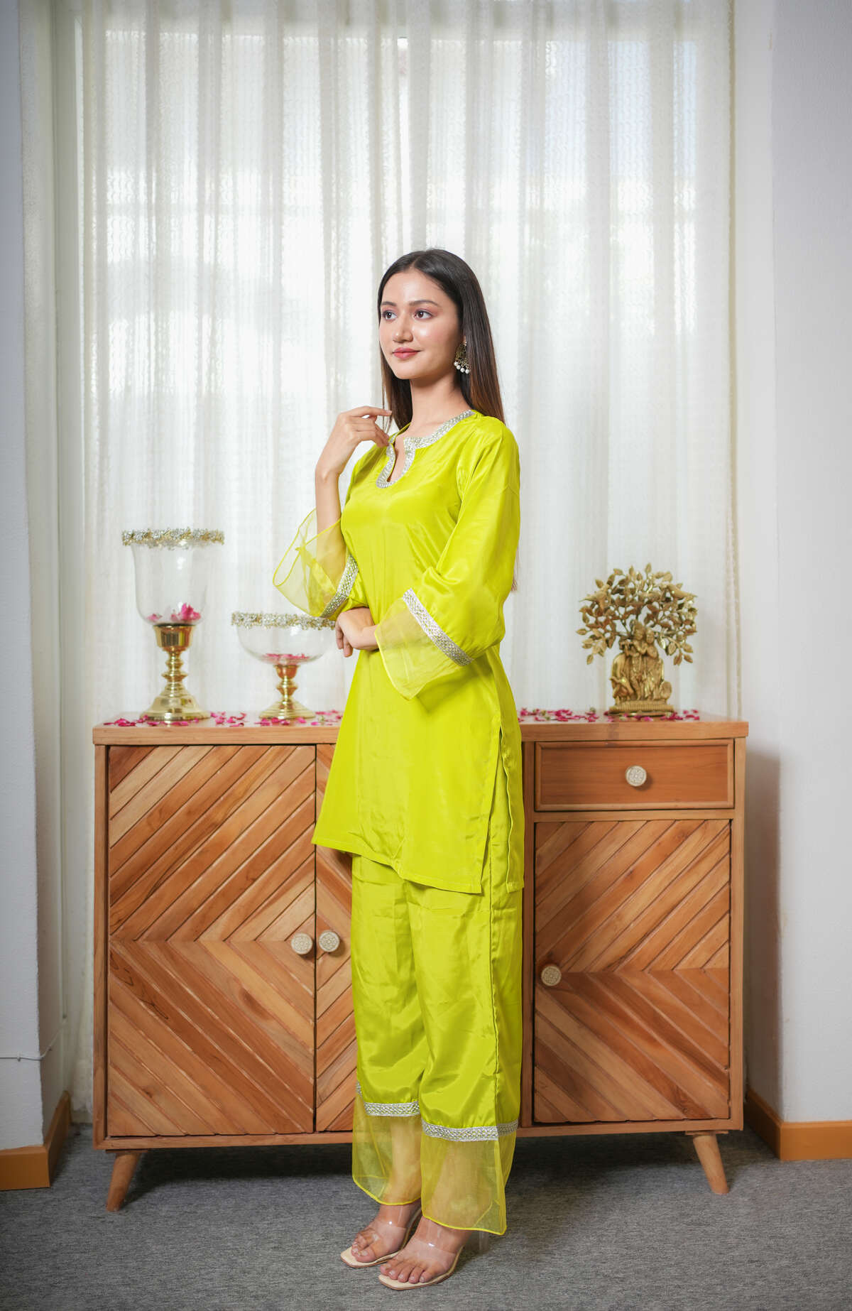 Neon green Crepe Organza Co-ord Set