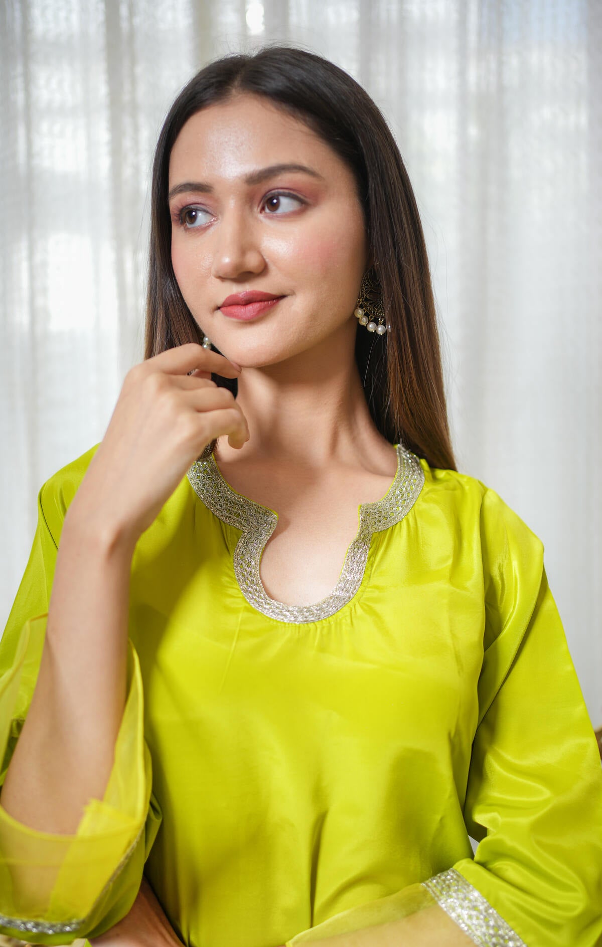 Neon green Crepe Organza Co-ord Set