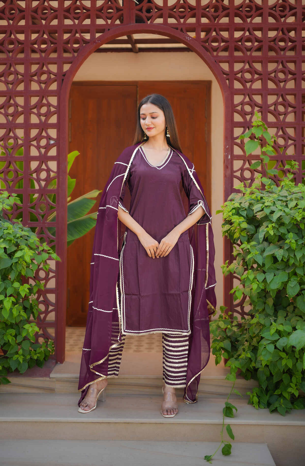 Nikhaar Wine Gota Work Suit Set