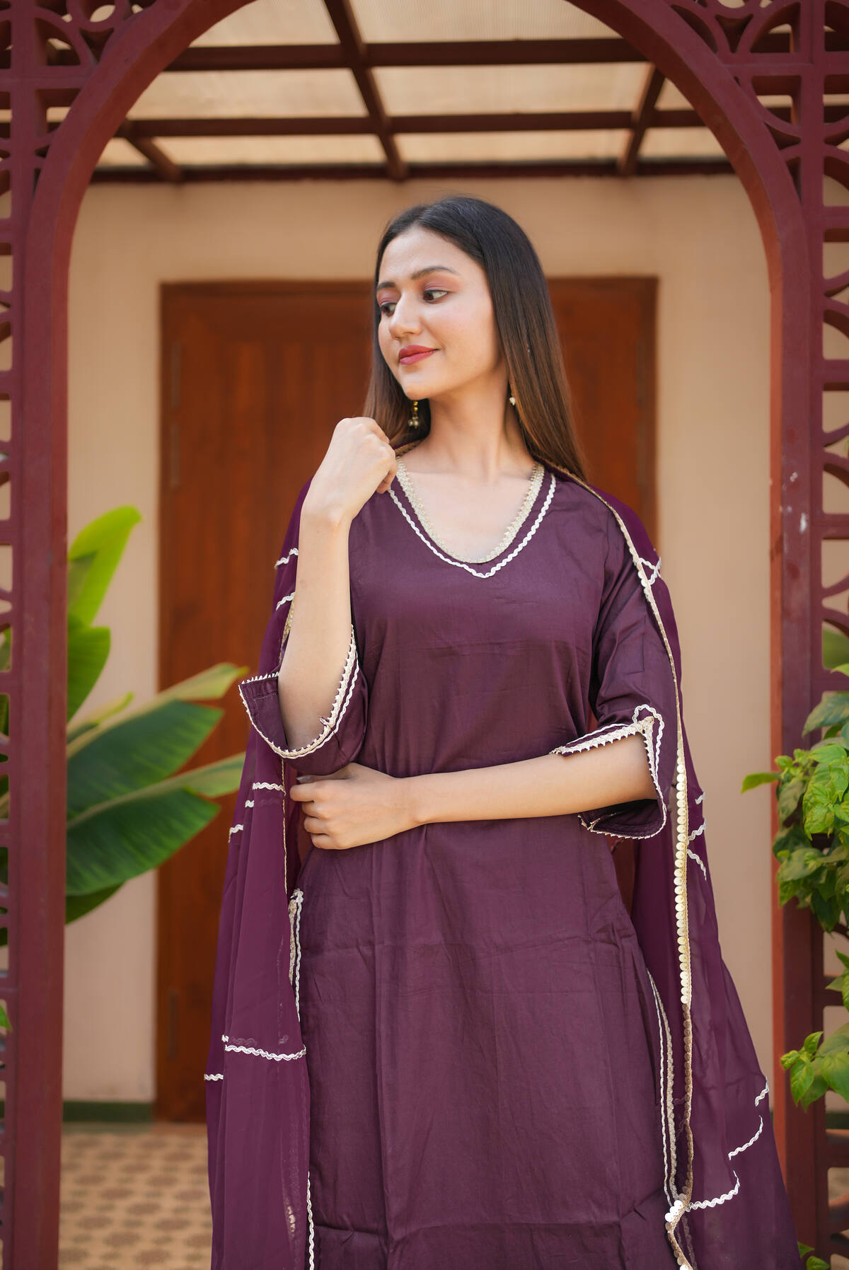Nikhaar Wine Gota Work Suit Set