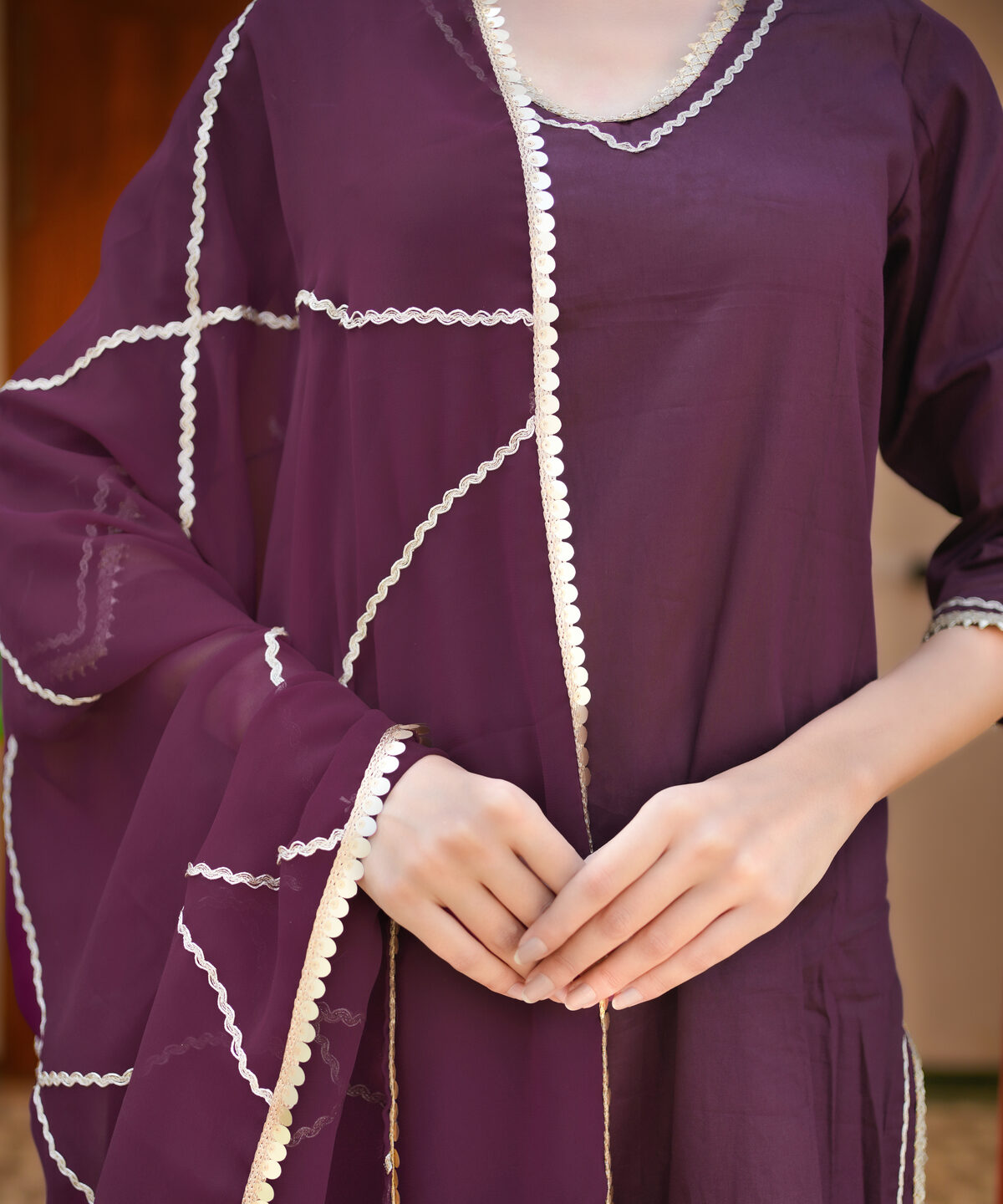 Nikhaar Wine Gota Work Suit Set