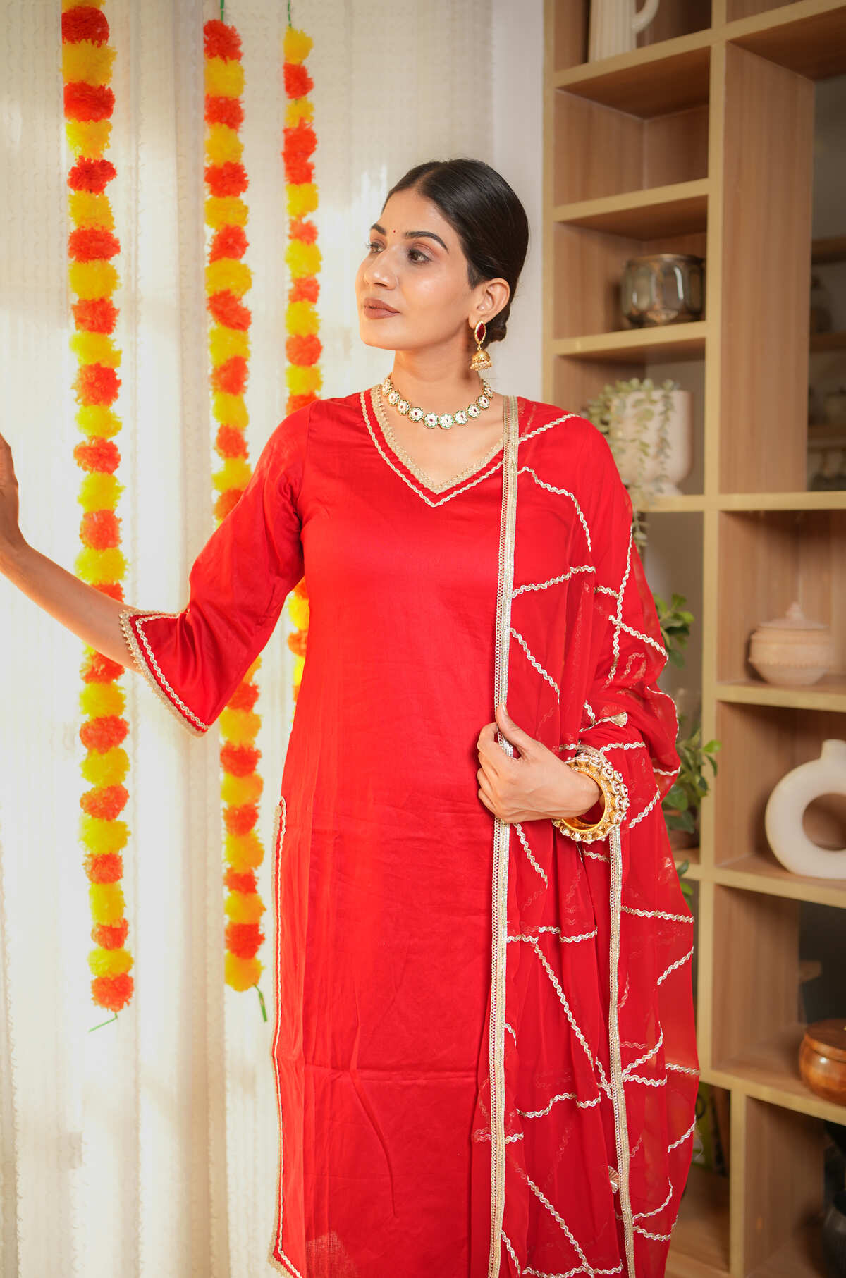 Nikhaar Red Gota Work Suit Set