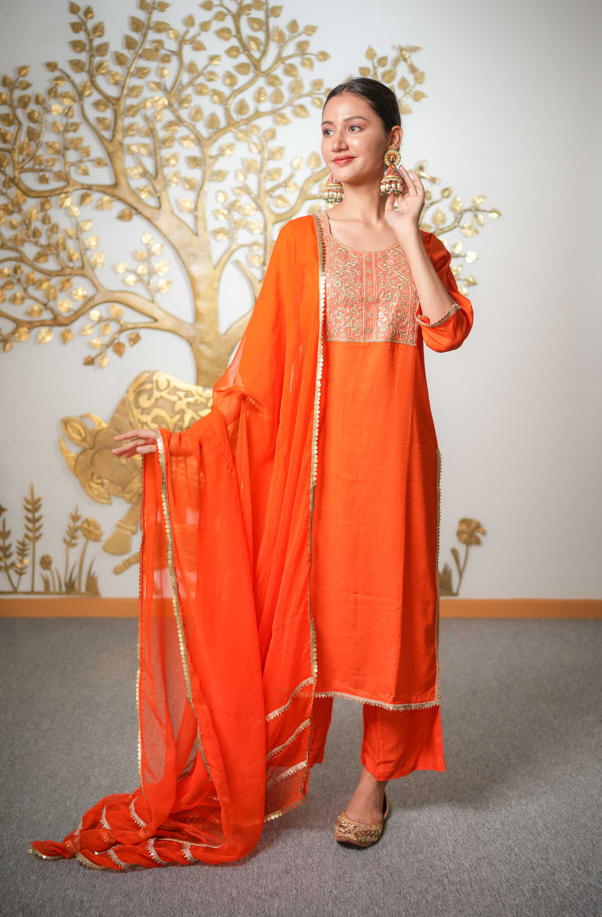 Orange Suit With Pant and Dupatta Set