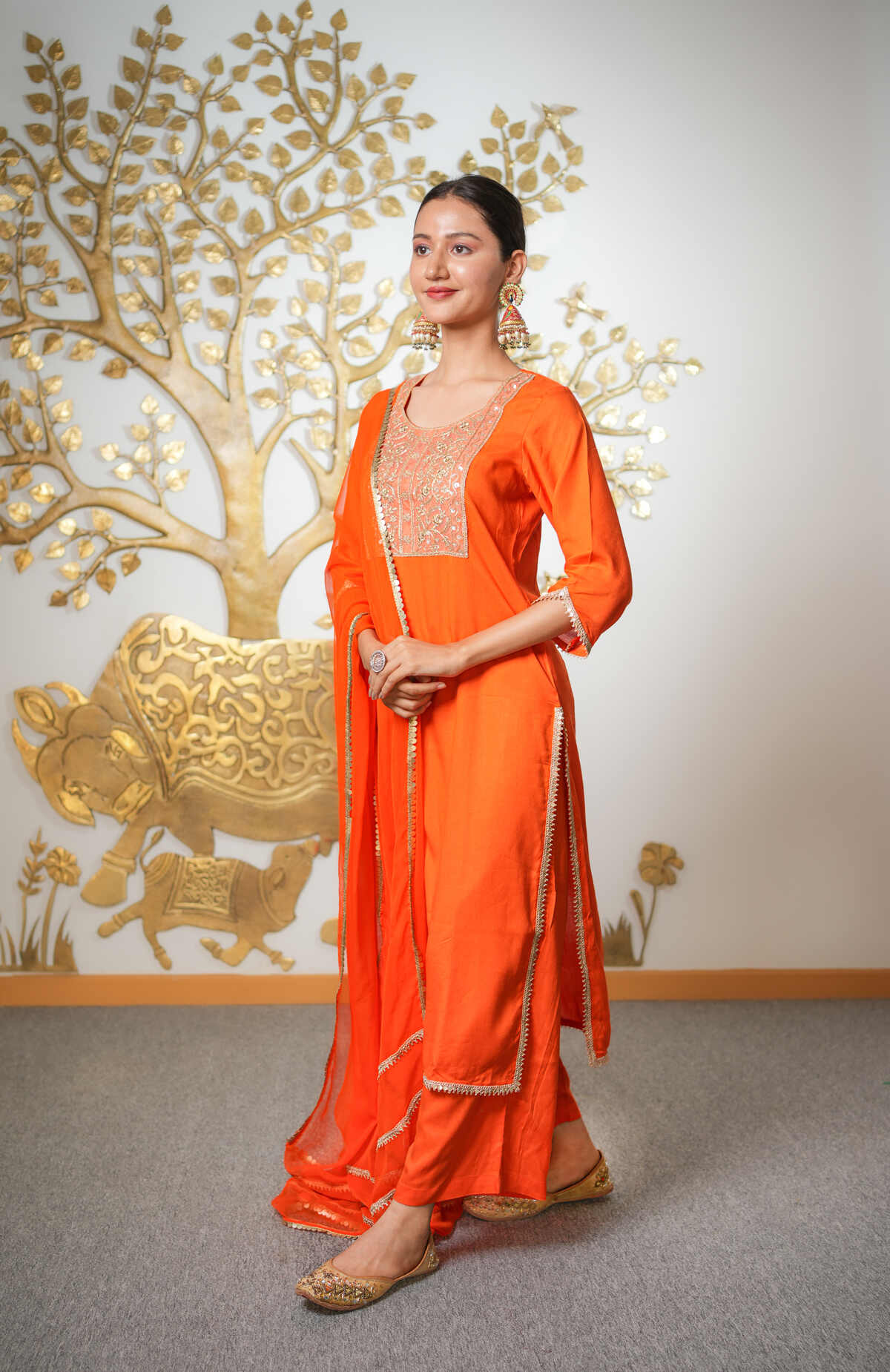Orange Suit With Pant and Dupatta Set