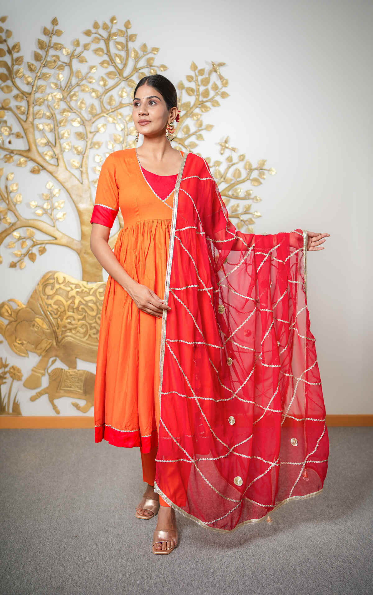Orange Red Gota Work Suit Set