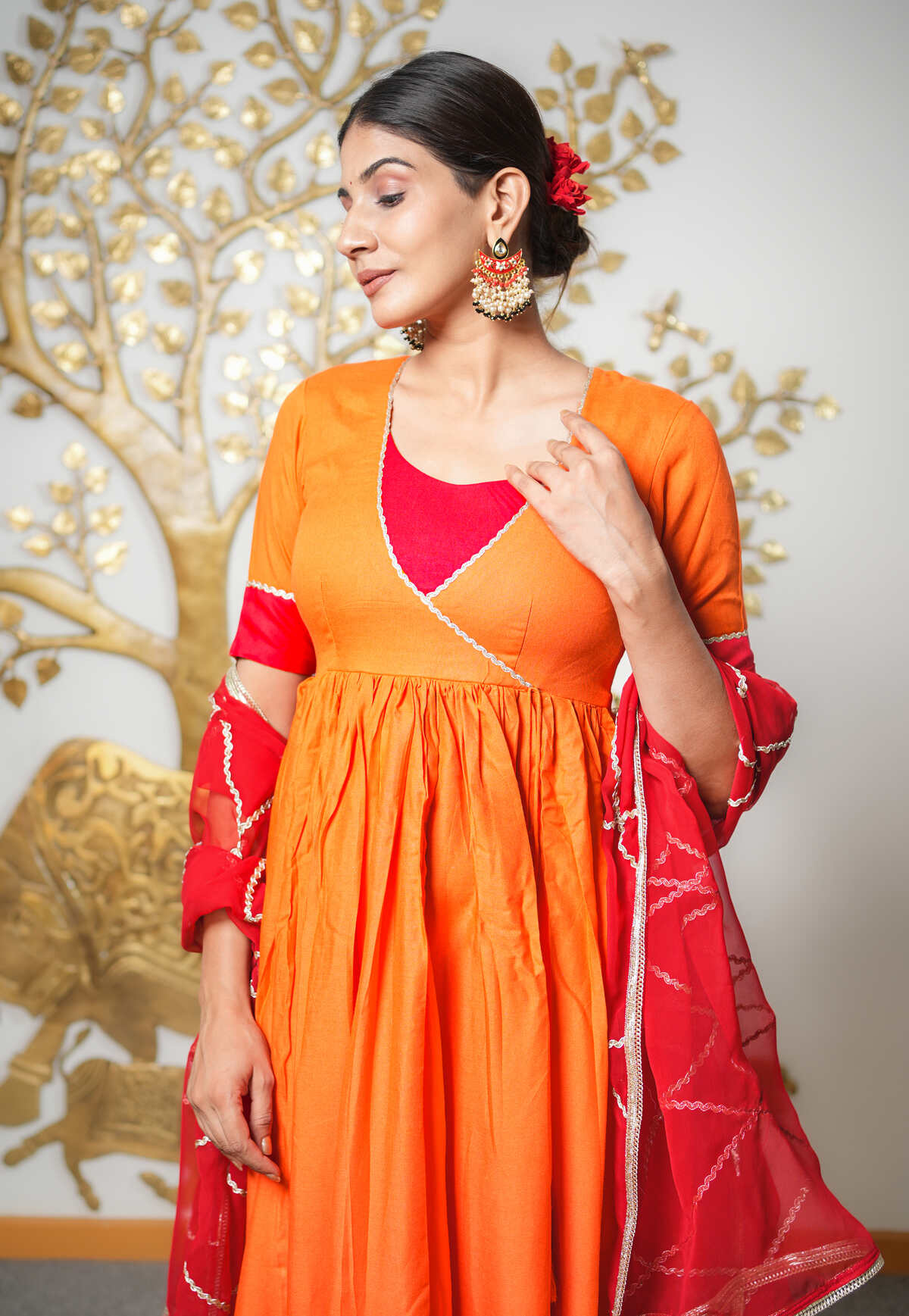 Orange Red Gota Work Suit Set